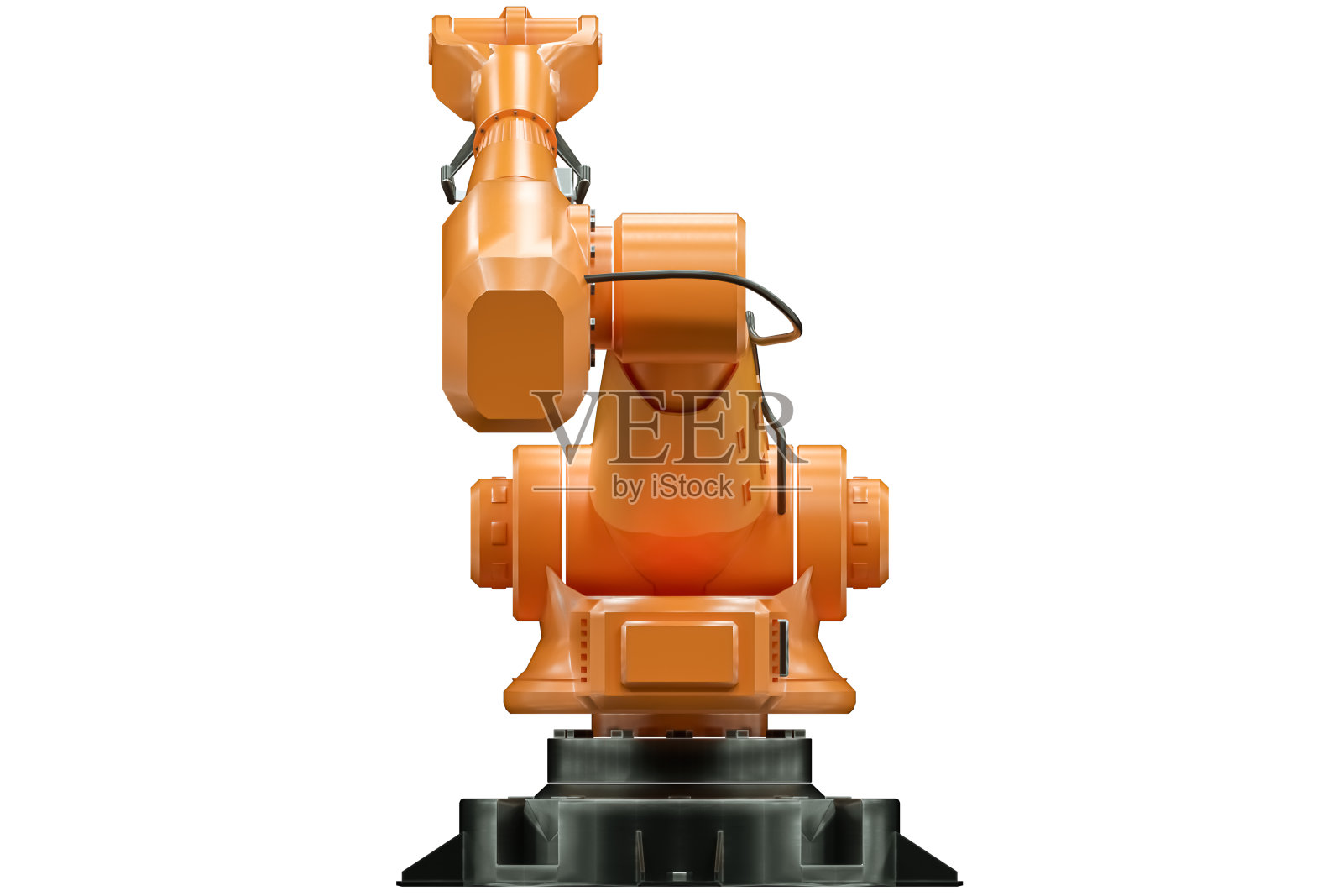 橙色机械臂机械手用于植物隔离在白色背景上。技术概念,未来。3D渲染，3D插图，复制空间。照片摄影图片