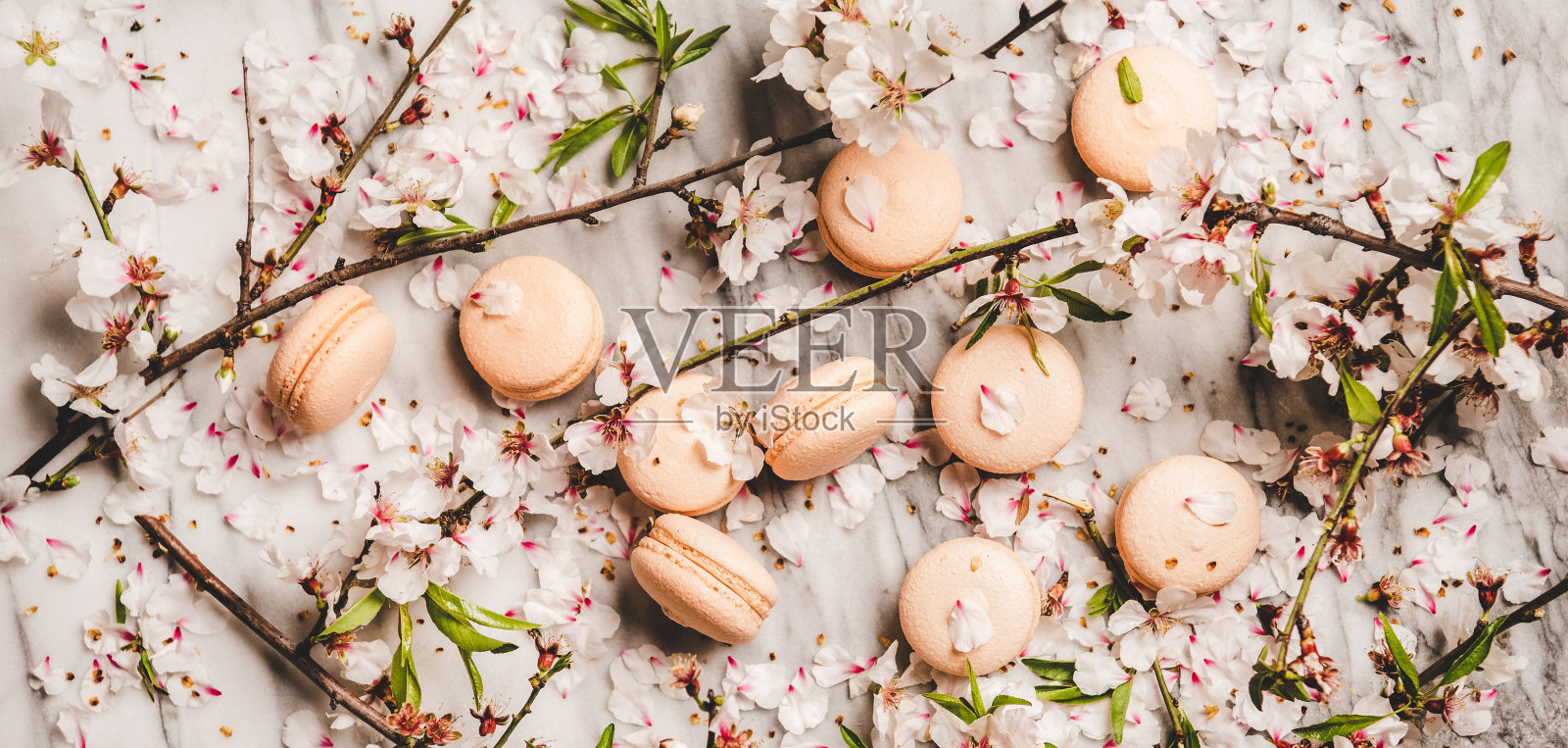 扁平的甜马卡龙饼干和花朵，构图广泛照片摄影图片
