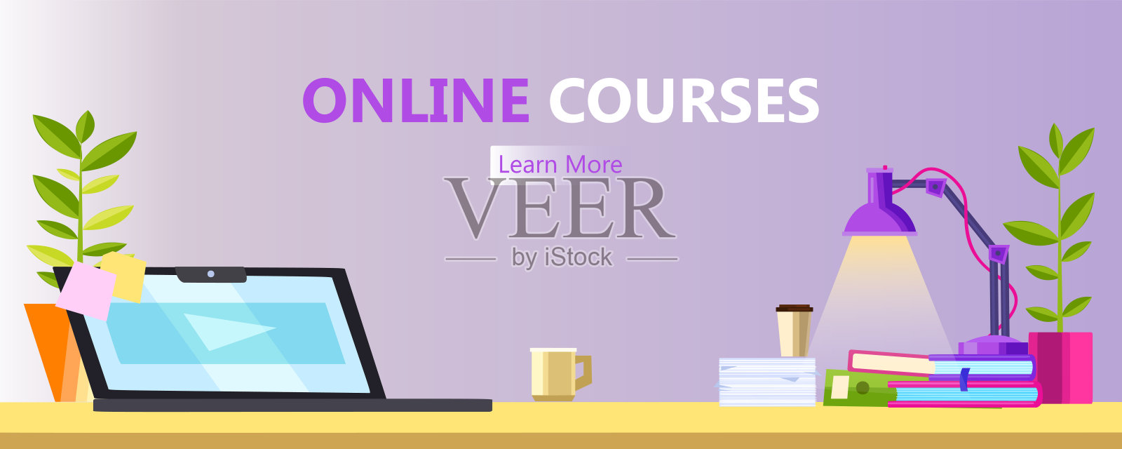 水平横幅在线课程与舒适的家庭工作场所，笔记本电脑，书籍，灯，咖啡。插画图片素材