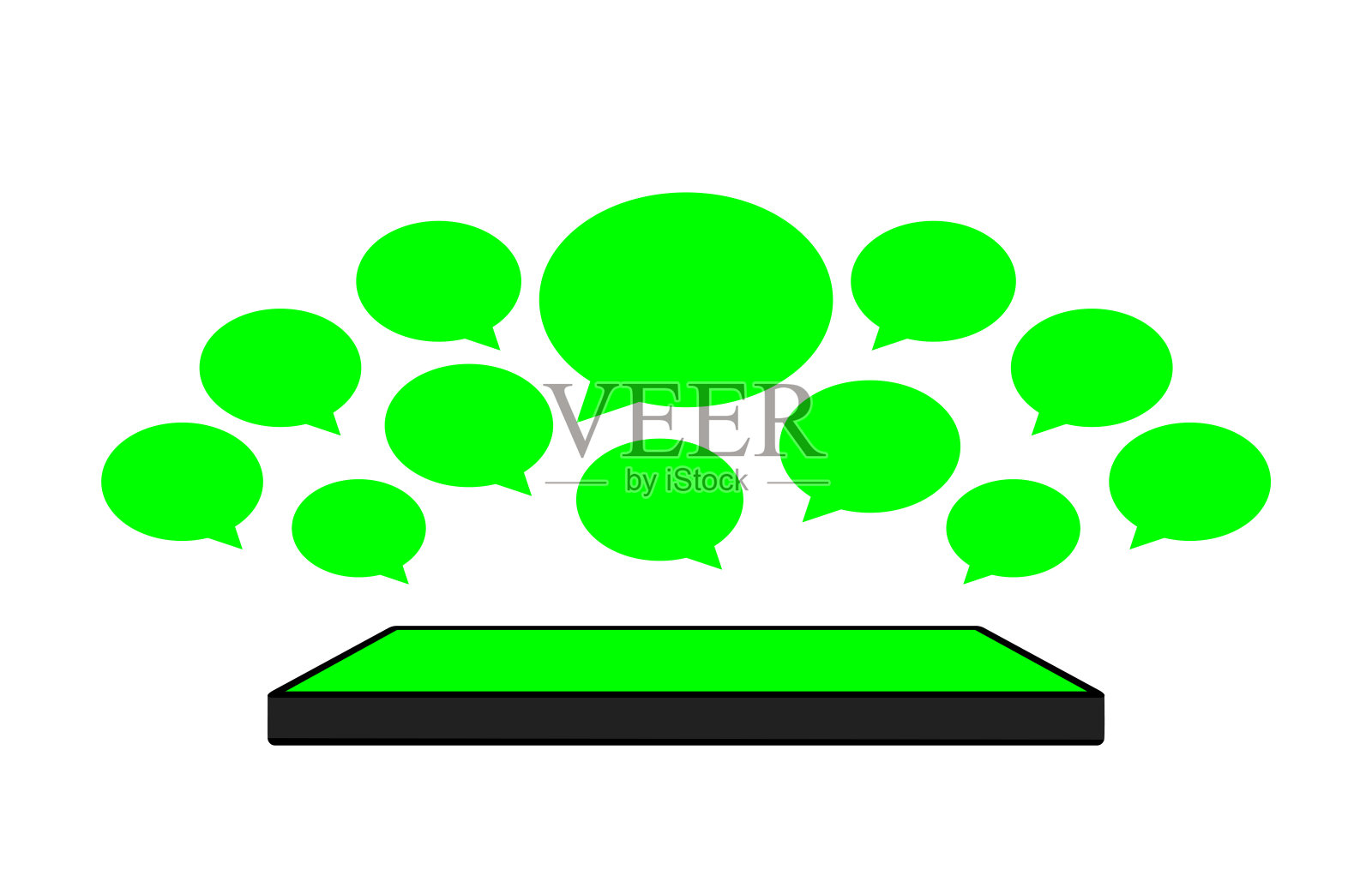 语音气泡绿色亮在智能手机的绿色屏幕上，智能手机和语音气泡图标的社交聊天概念，对话语音符号为拷贝空间，谈话对话信息符号，孤立在白色插画图片素材