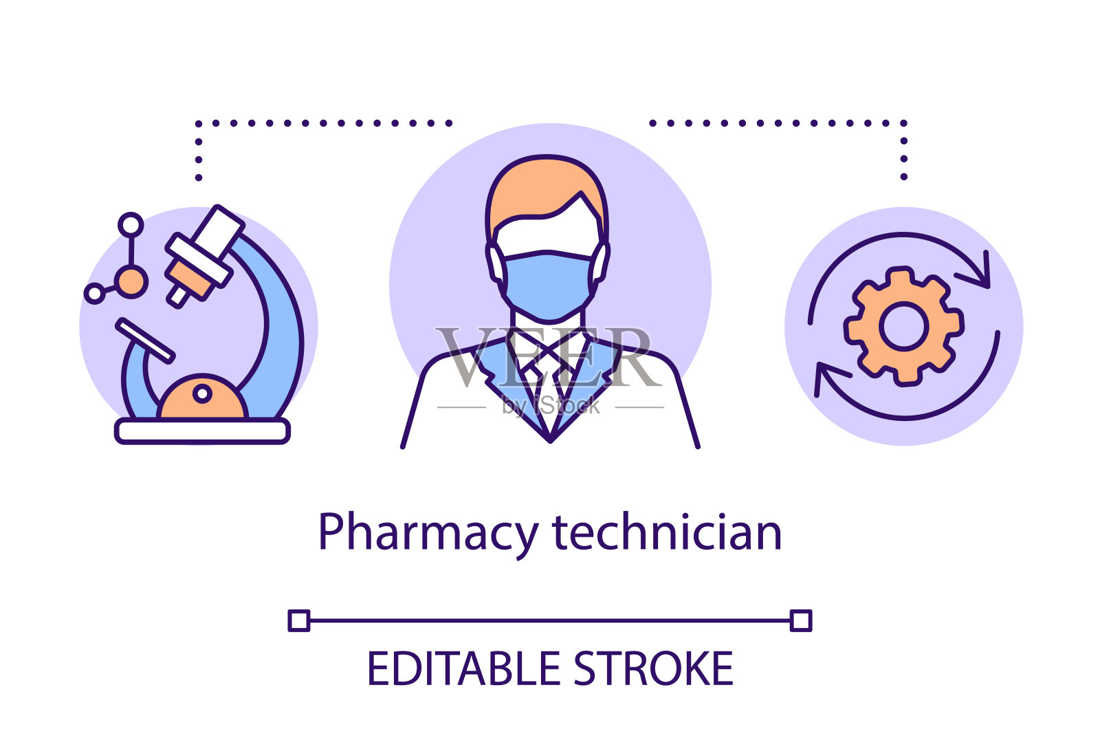 药房概念图标。药物技术员的想法细线说明。药物、药理学专业。医学专家、科学家。矢量孤立轮廓绘制。可编辑的中风插画图片素材