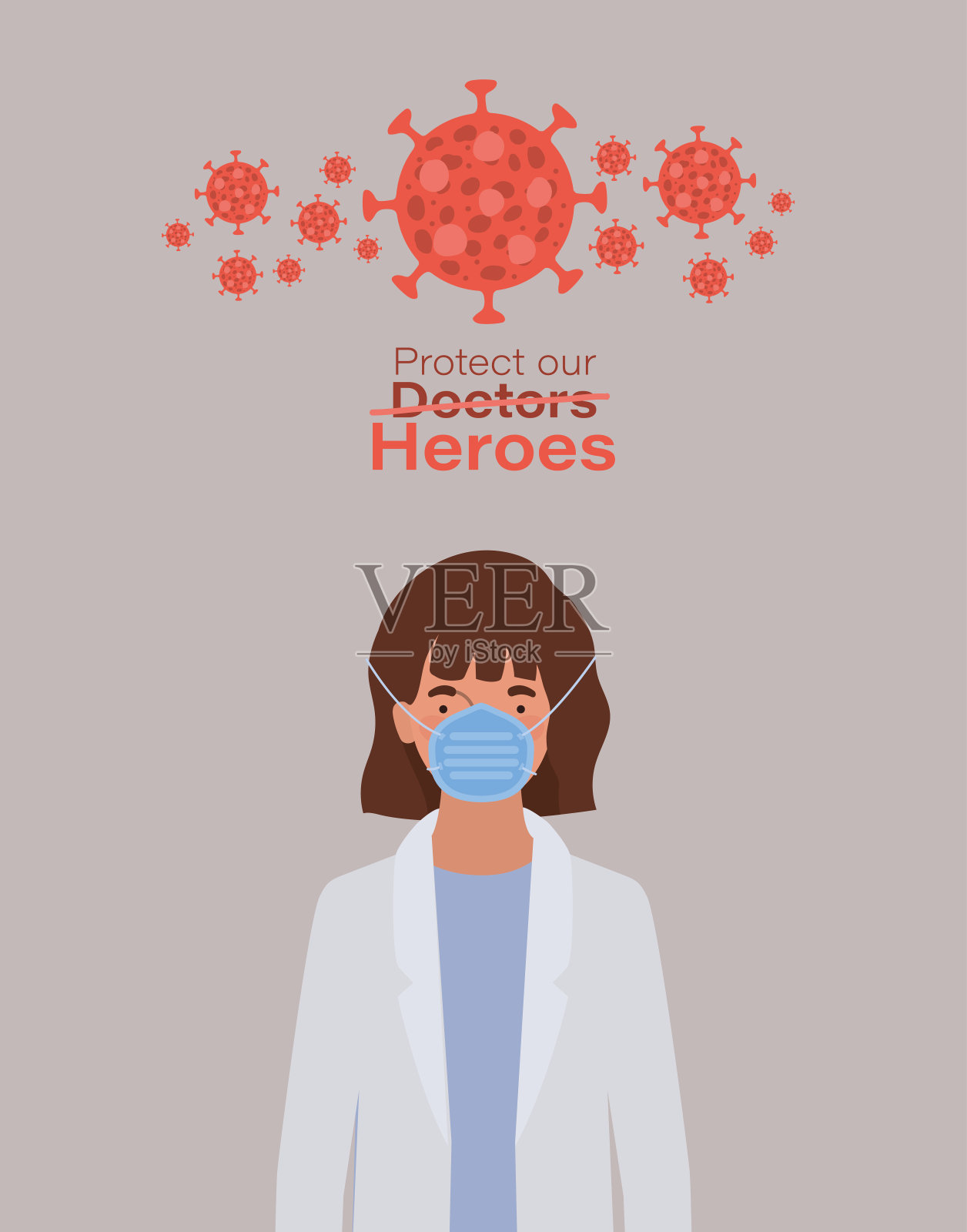 女医生英雄统一口罩和2019年新型冠状病毒载体设计插画图片素材