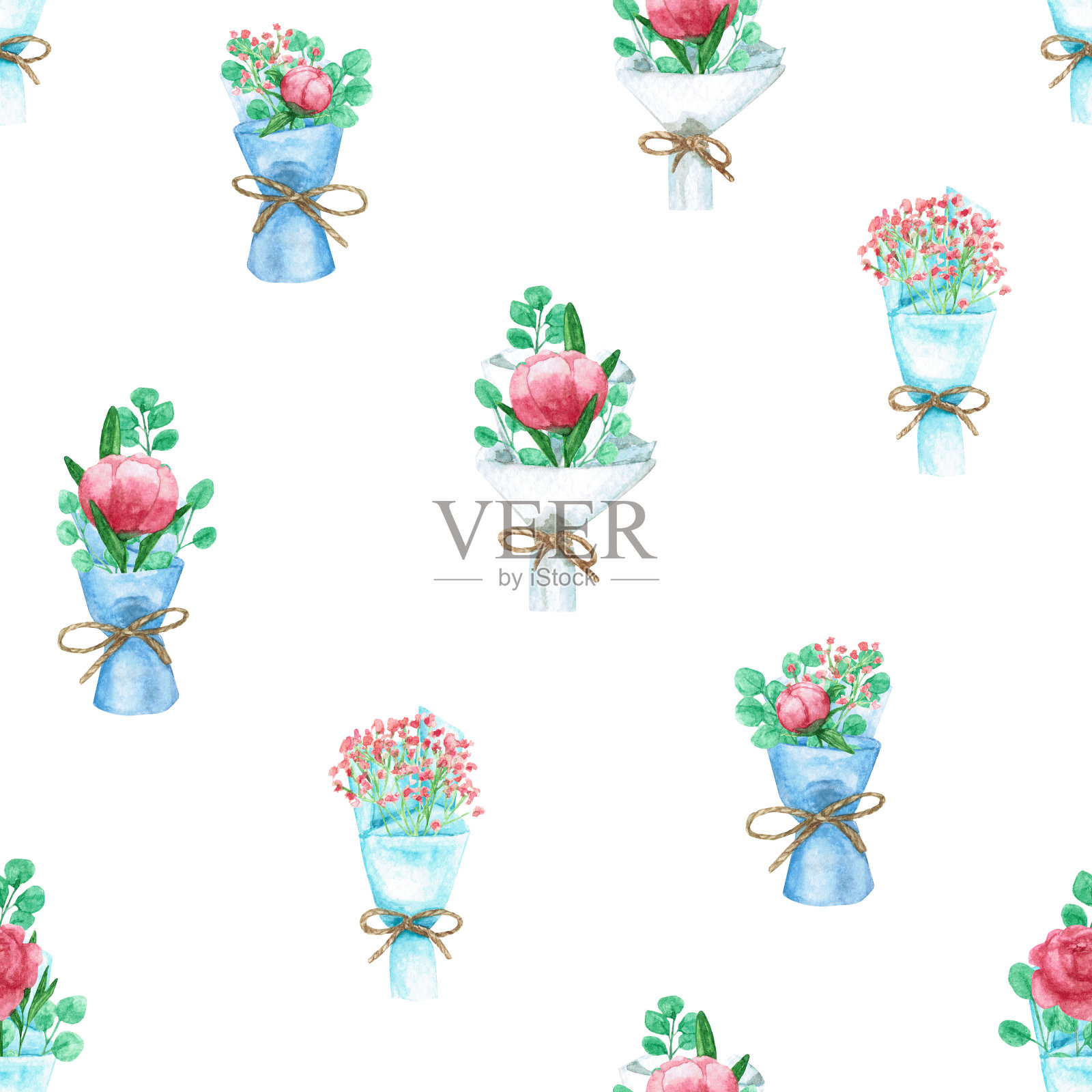 水彩插图与花束无缝模式。可爱的绘画，柔和的色彩。插画图片素材