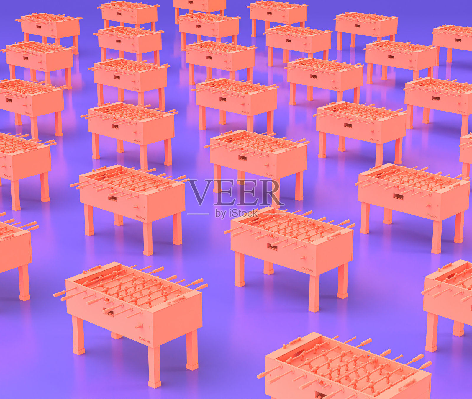 多个街机桌上足球桌，娱乐中心物体在紫色的平面房间，3d渲染照片摄影图片