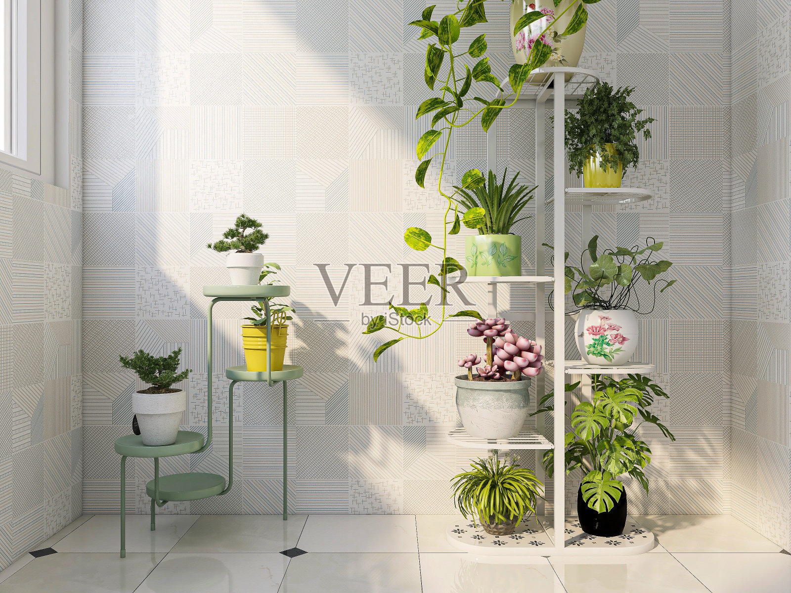 3D渲染，宽敞明亮的城市住宅封闭式阳台设计，绿色植物配木制桌椅休闲舒适。照片摄影图片