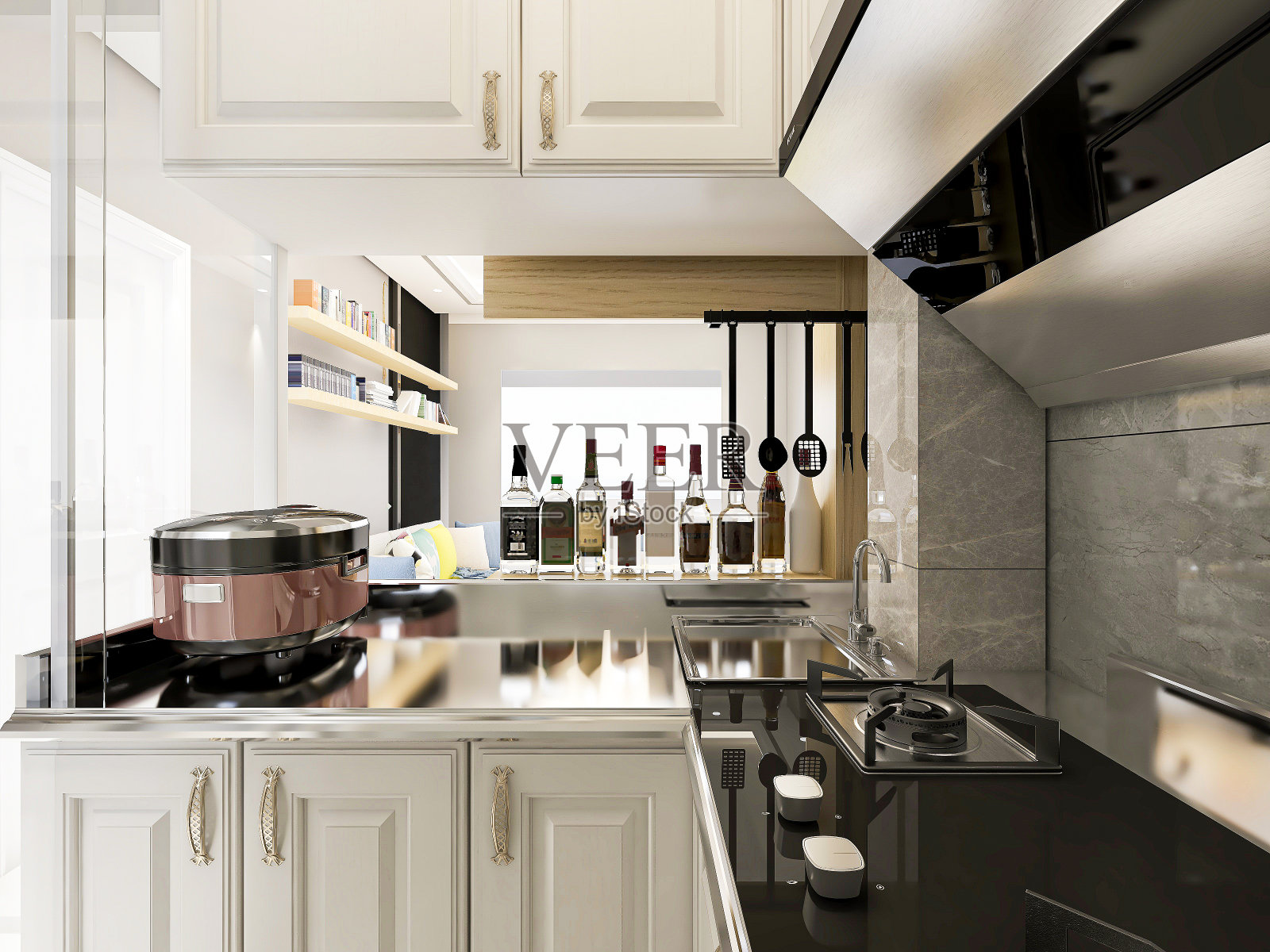 3D渲染，宽敞现代豪华厨房与酒吧设计。照片摄影图片