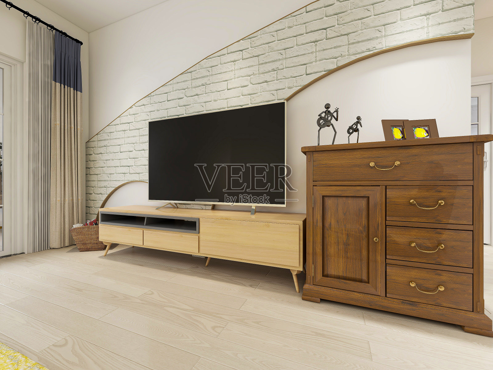 3D效果图，干净整洁的现代客厅设计，入口配有鞋柜、沙发、电视、桌子、休闲椅等设施照片摄影图片