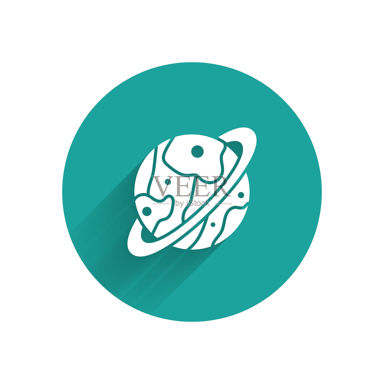 白色行星土星与行星环系统图标孤立与长影子。绿色圆圈按钮。矢量图插画图片素材