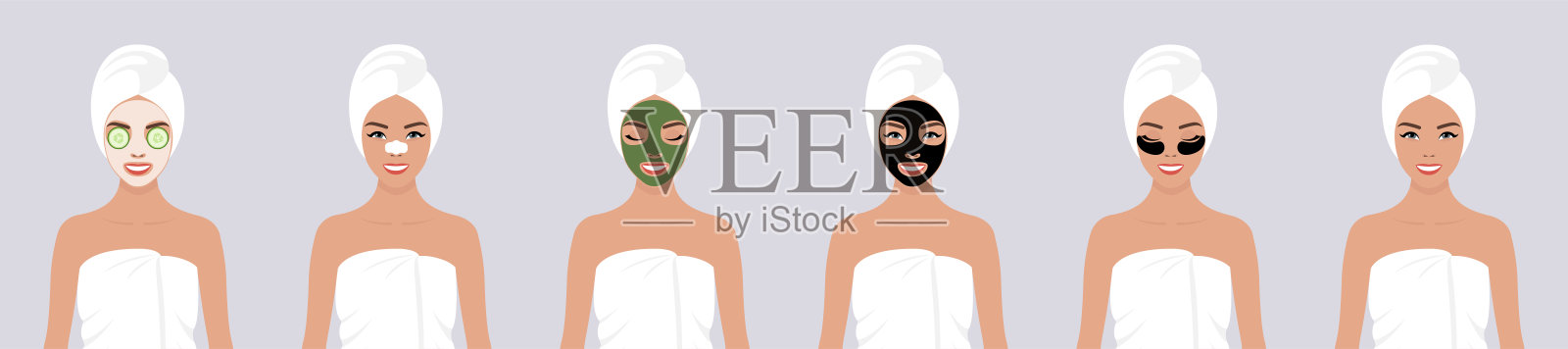 一套六矢量股票平面插图面部护理。一个年轻的欧洲女孩裹着一条白毛巾，头上戴着一条白毛巾，脸上戴着各种化妆面具。插画图片素材