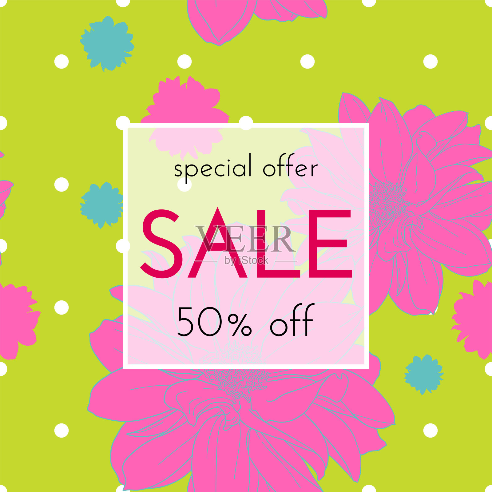 销售花卉。植物开花，枝用花墨写生。时尚印花横幅，购物，折扣，邀请，社交媒体设计模板素材