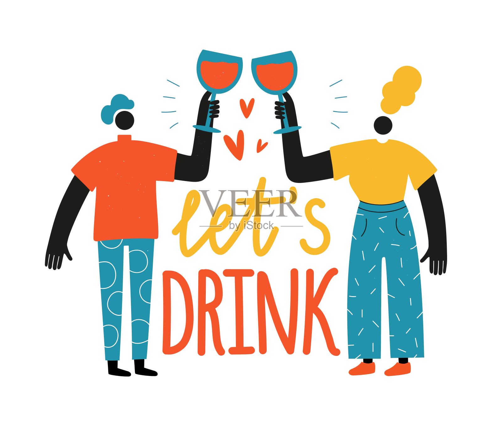 矢量插图与抽象的男人和女人拿着红酒杯。让我们来喝字母短语。插画图片素材