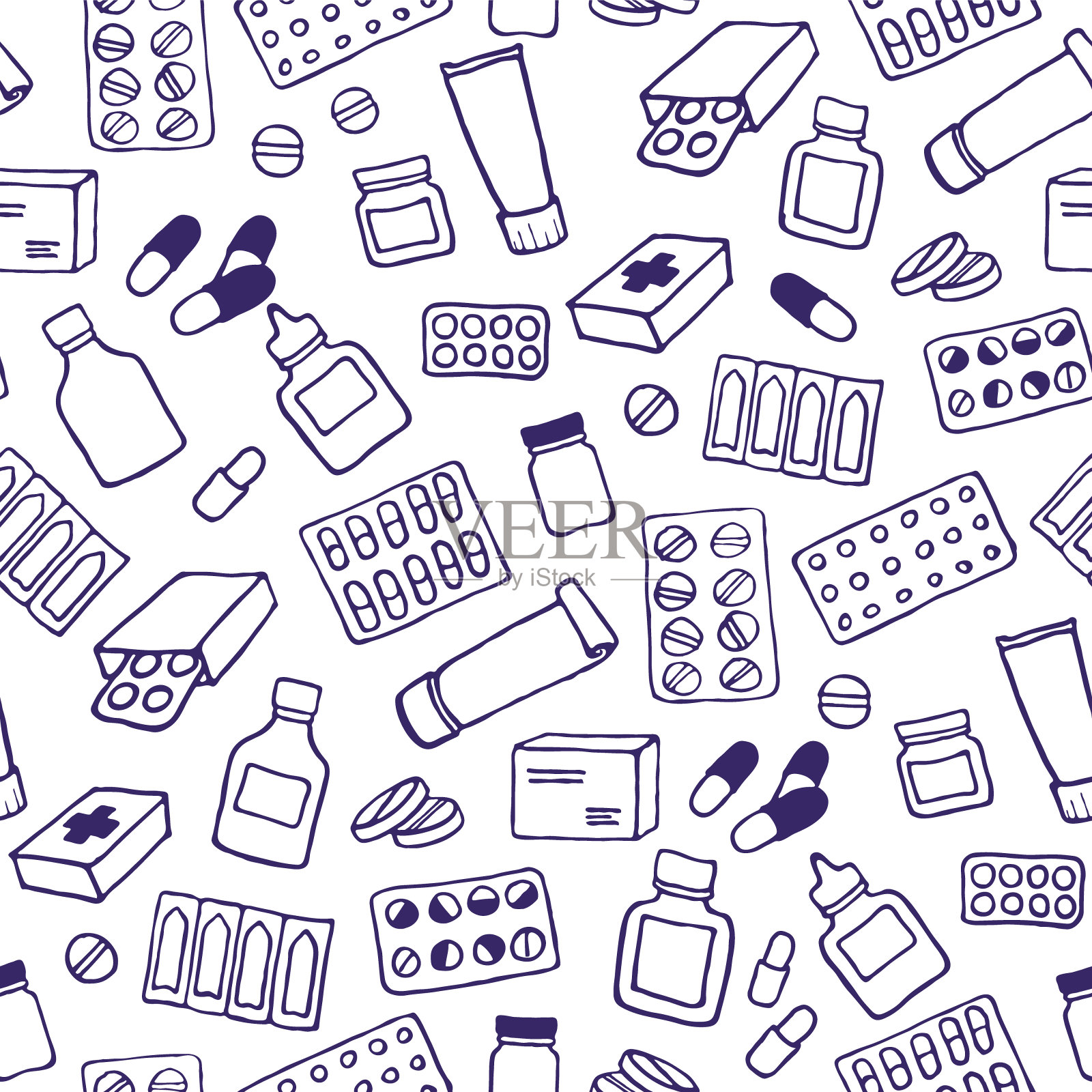 药品涂鸦无缝图案。向量eps插图。插画图片素材