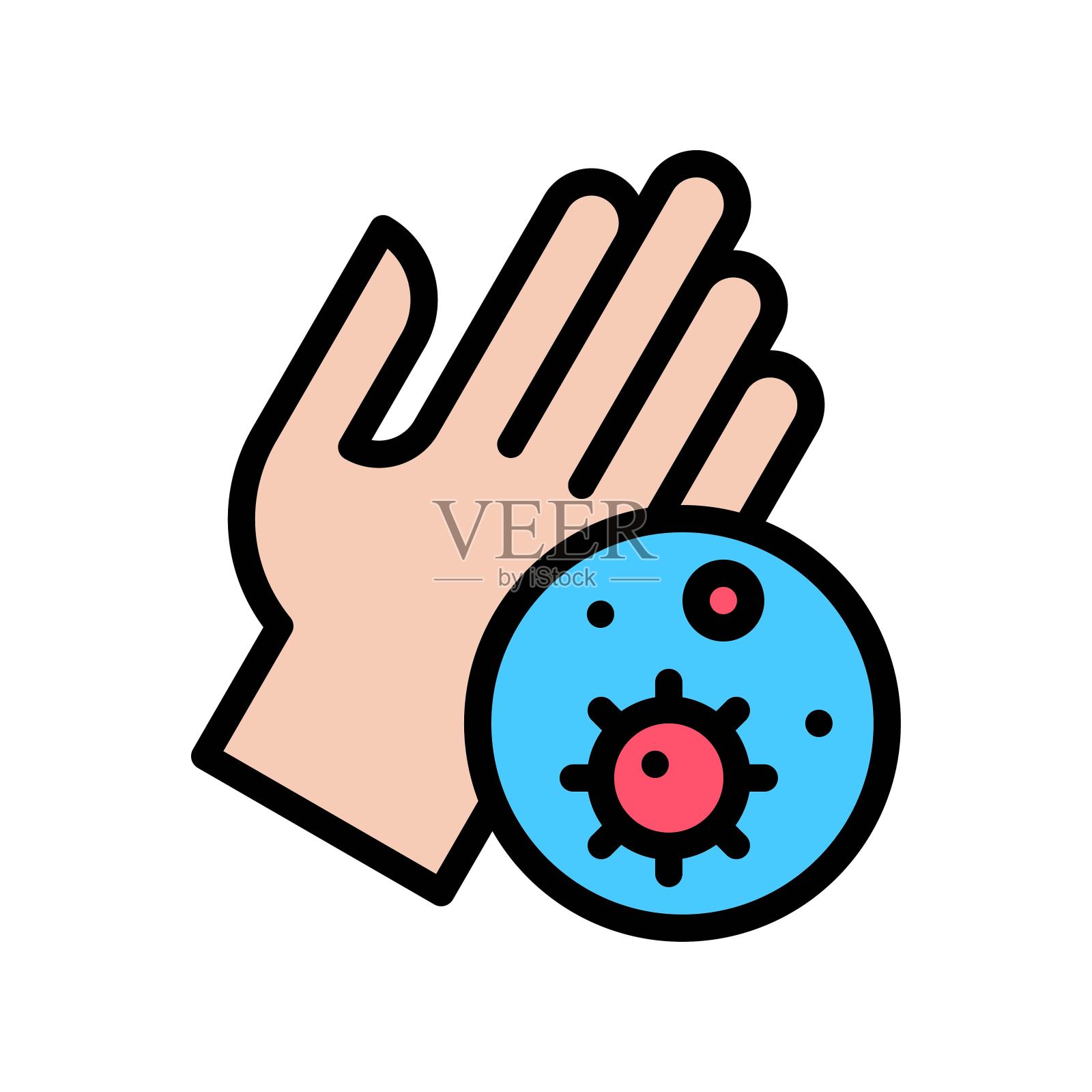 用可编辑笔划的病毒或细菌平板载体洗手或卫生相关的脏手，插画图片素材