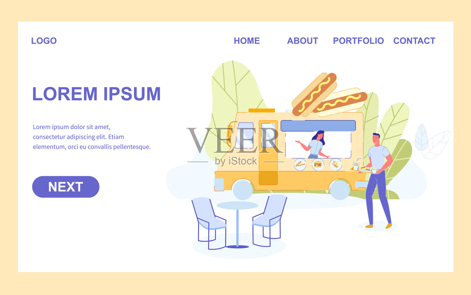 顾客在“车轮上的街头咖啡馆”购买小吃插画图片素材