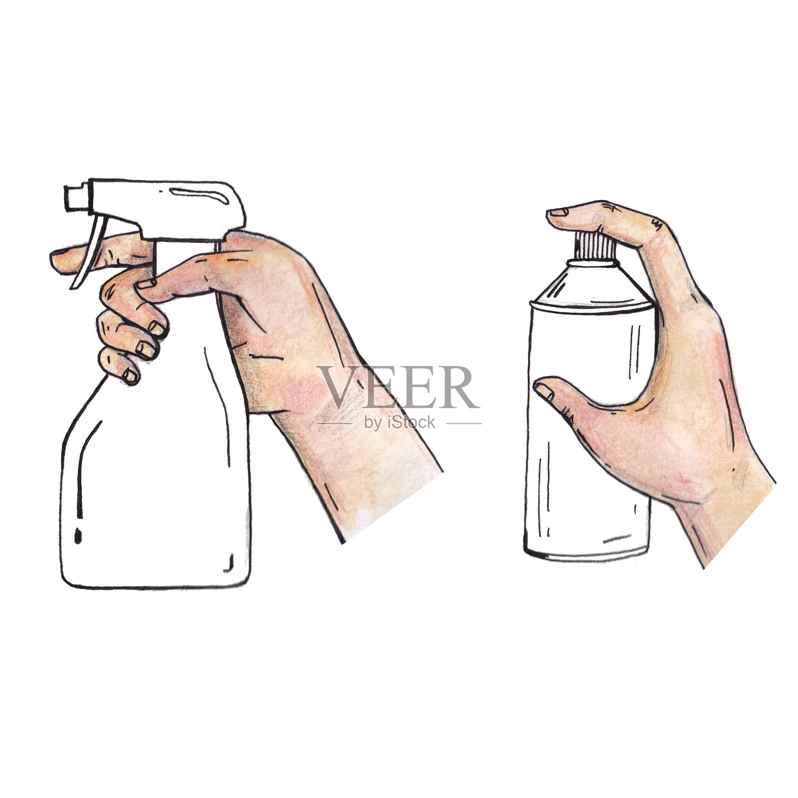 水彩插图与手握洗涤剂的图片插画图片素材