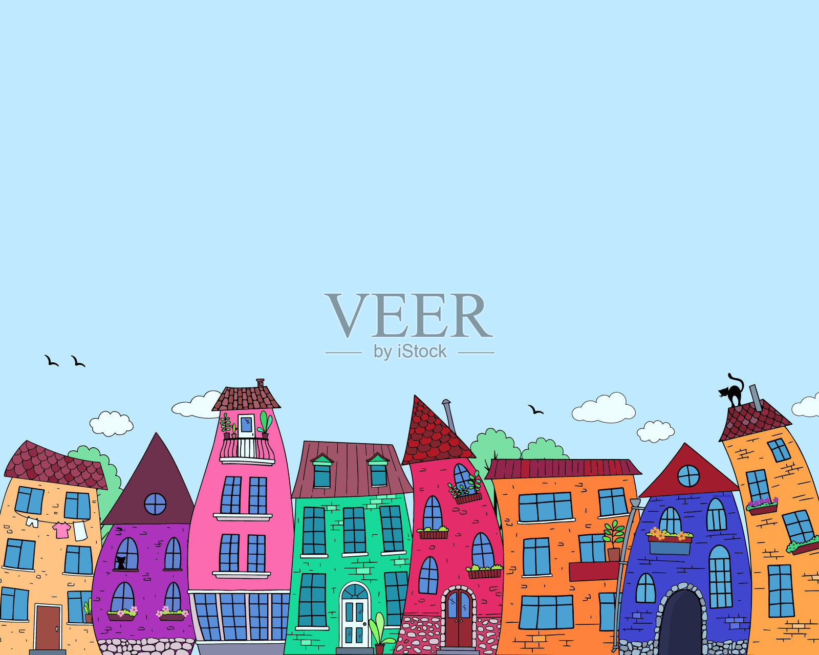 水平框架:街道上有明亮的装饰房屋。插画图片素材