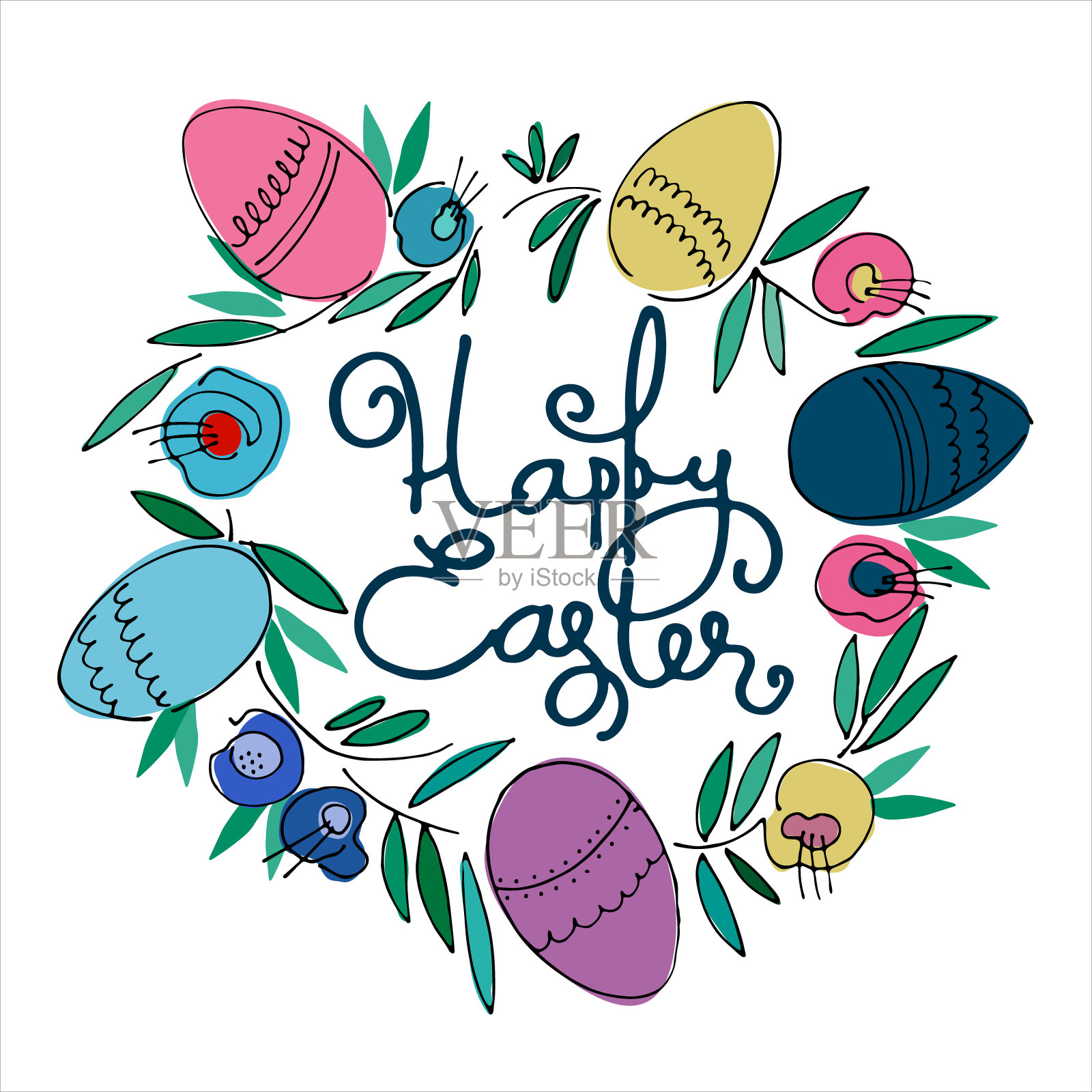 里面有手写问候的复活节花环插画图片素材