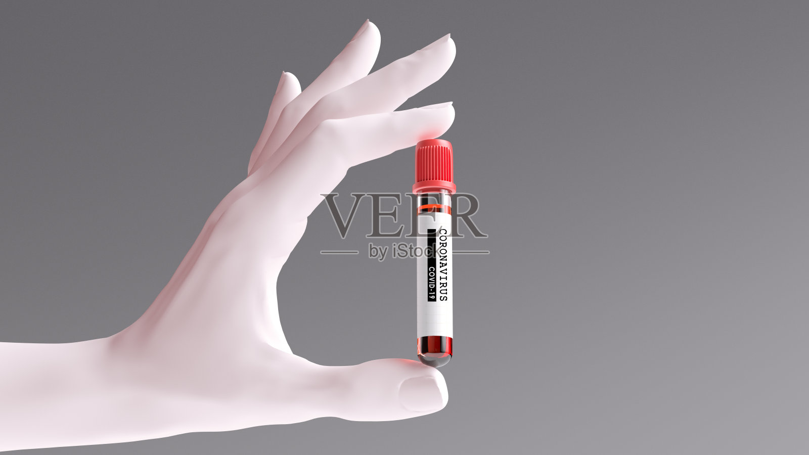 冠状病毒COVID-19血液样本。冠状病毒疫苗的研制。手拿一个装有致命病毒样本的试管。3 d渲染。照片摄影图片