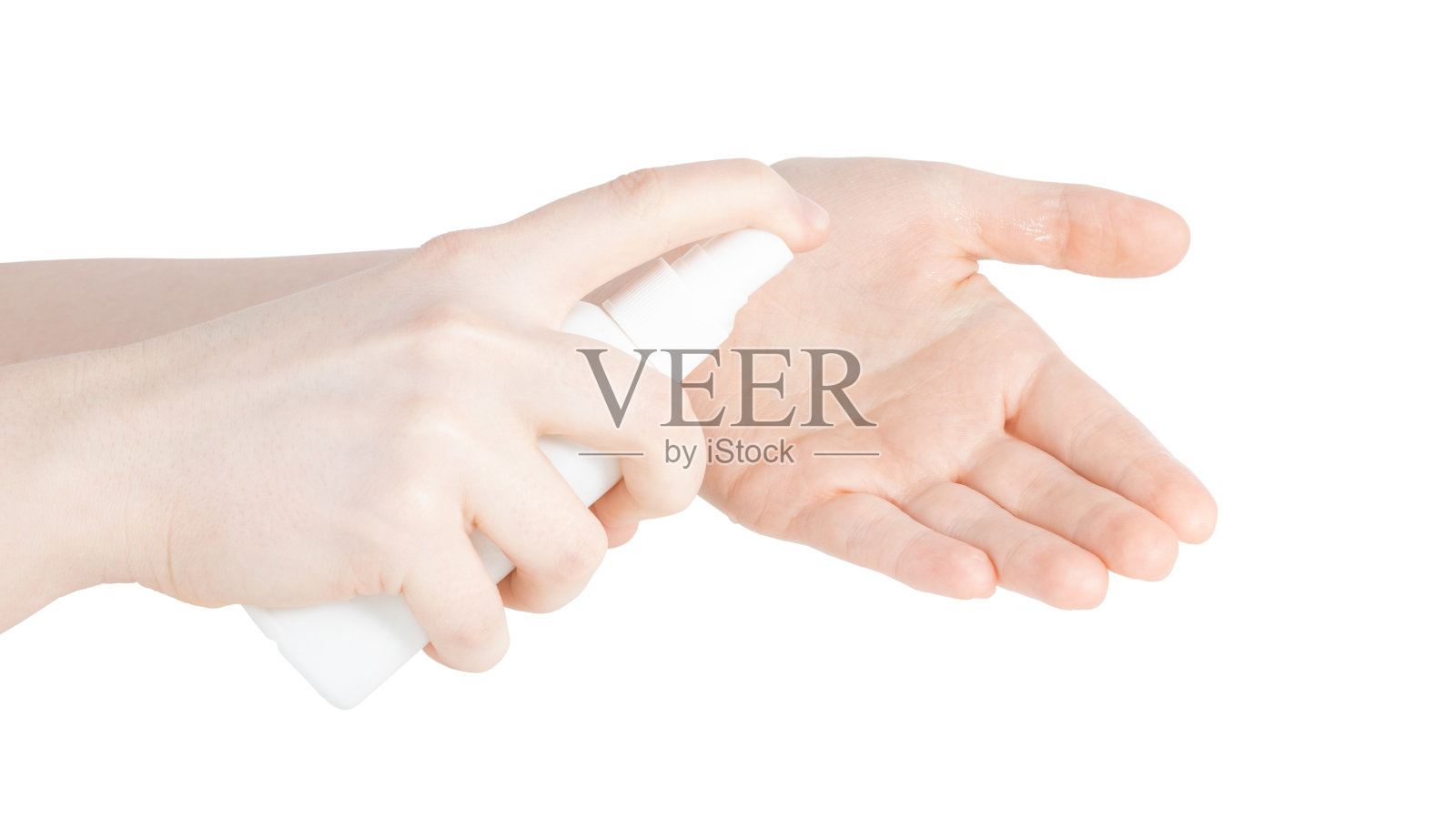 瓶中装有抗菌杀菌喷雾剂，用手隔离在白色背景上照片摄影图片