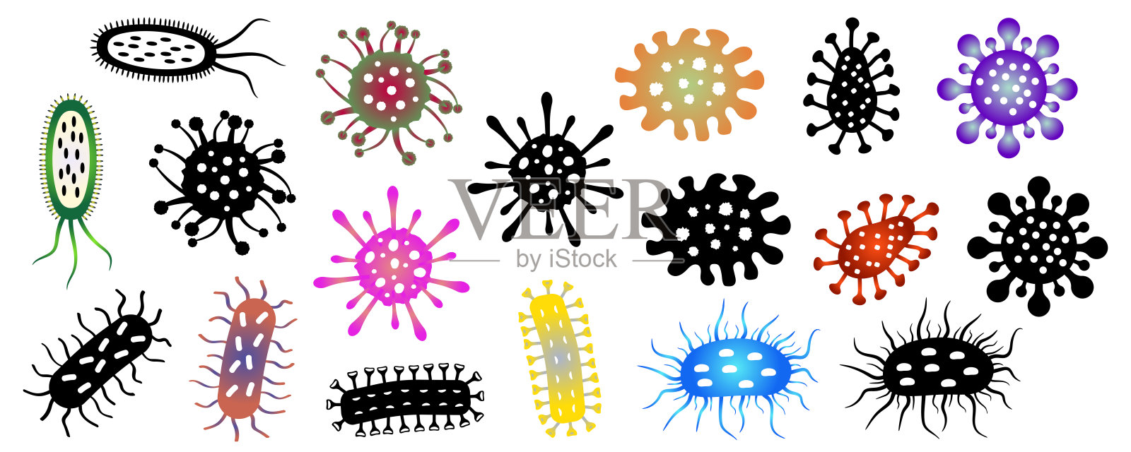 汉坦病毒、冠状病毒等病毒。一套颜色和黑色图标。矢量插图。插画图片素材