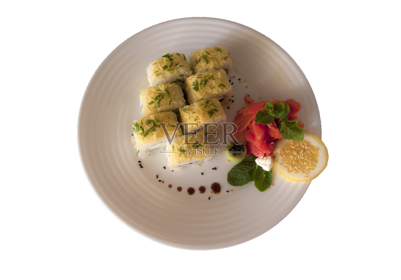 素食寿司卷在盘子上孤立照片摄影图片