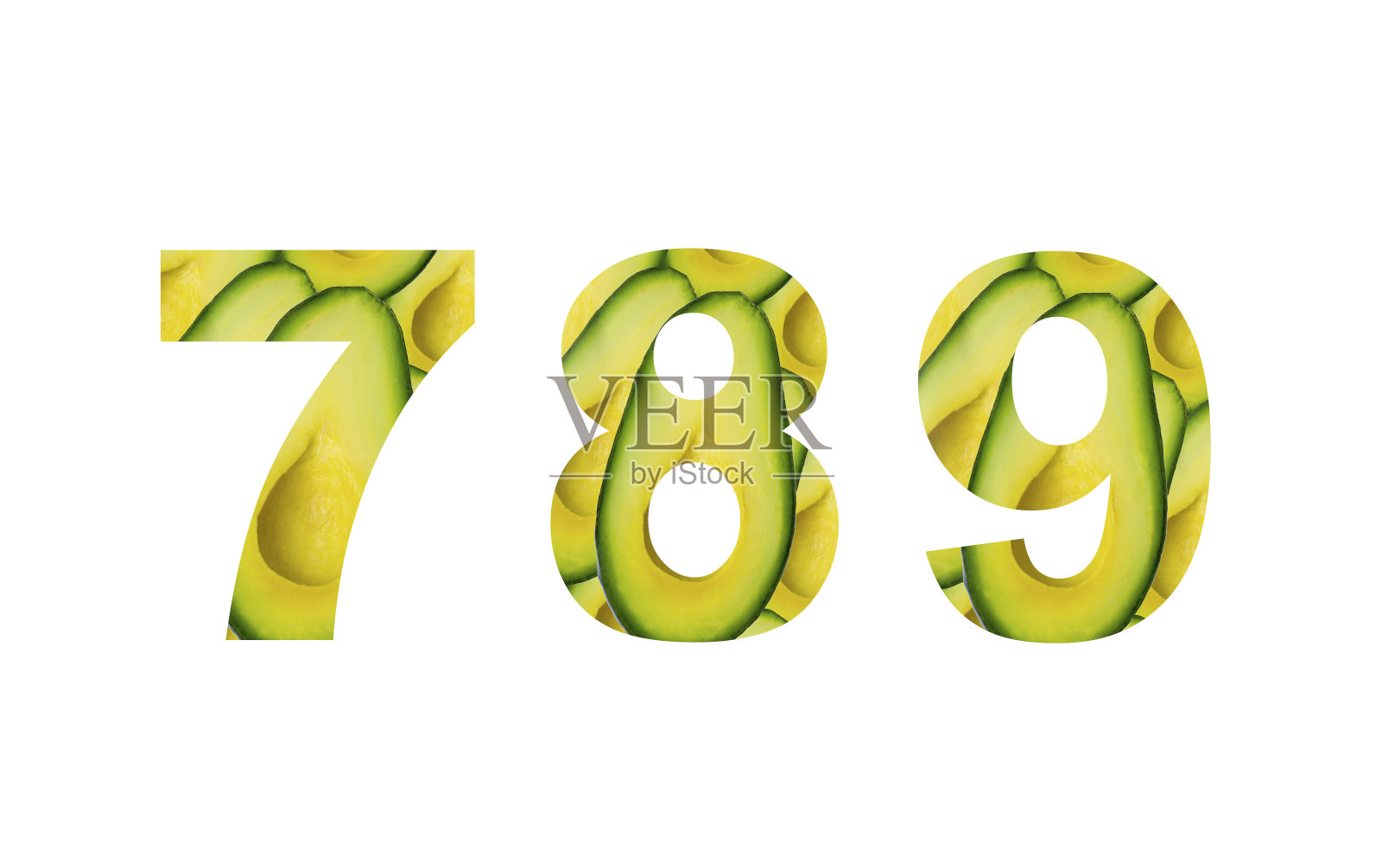 数字“789”鳄梨纹理分离在白色背景。插图来自鳄梨字母的集合，一个设计项目的背景，海报，明信片，邀请。照片摄影图片