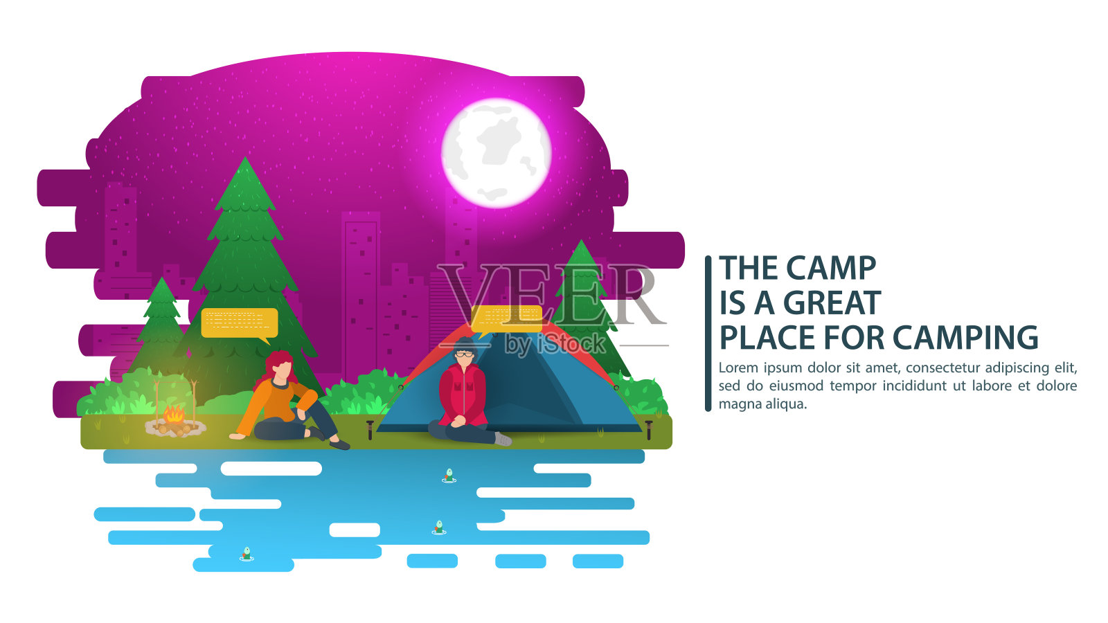 夜晚景观插图在平面卡通风格两个女孩坐在附近的帐篷森林夜晚城市月亮背景为夏令营自然旅游露营或徒步旅行的概念设计插画图片素材
