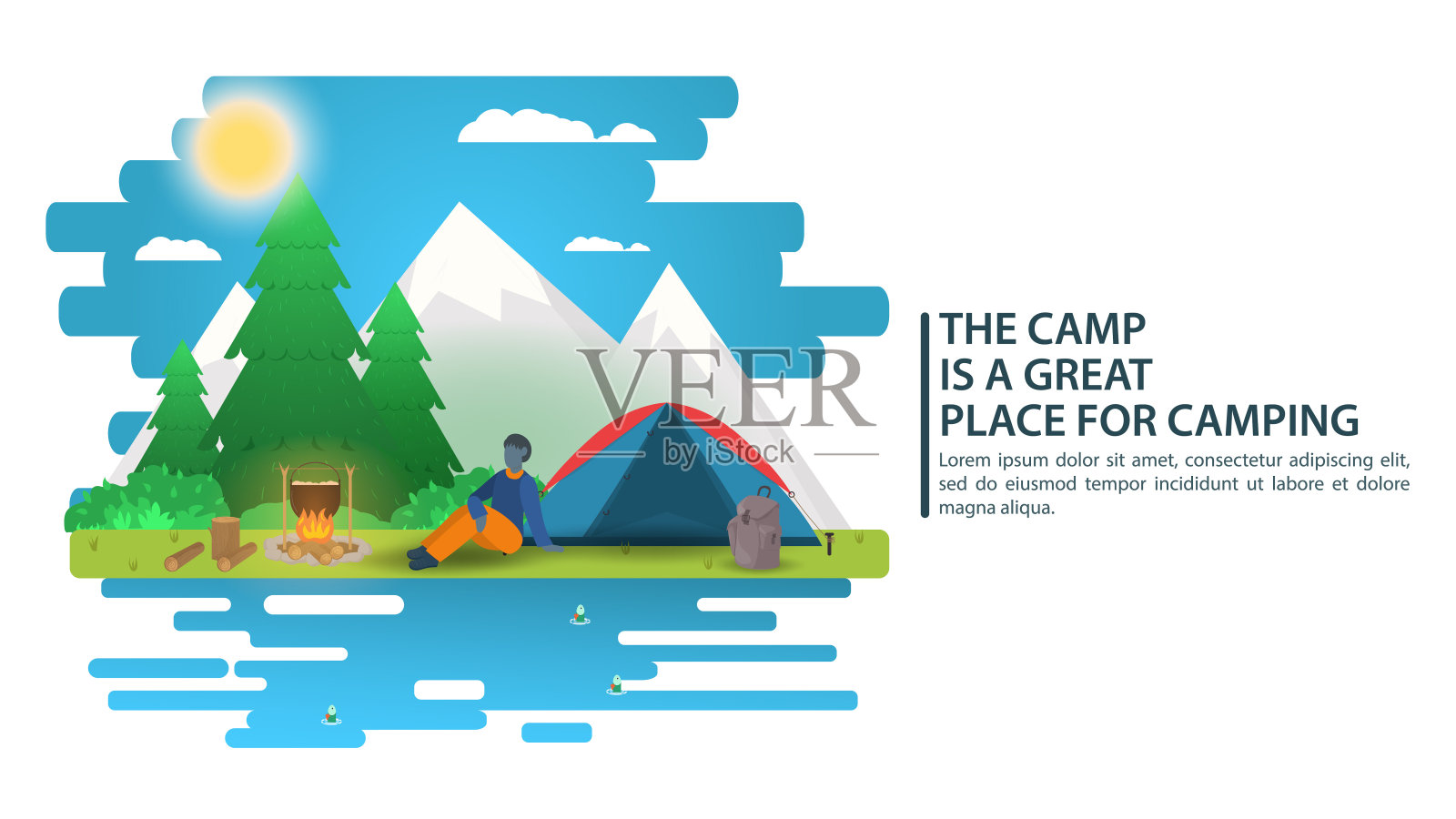 阳光明媚的一天风景插图在平面风格卡通一个人坐在旁边的帐篷，营火山森林的背景为夏令营自然旅游露营或徒步旅行的概念设计插画图片素材