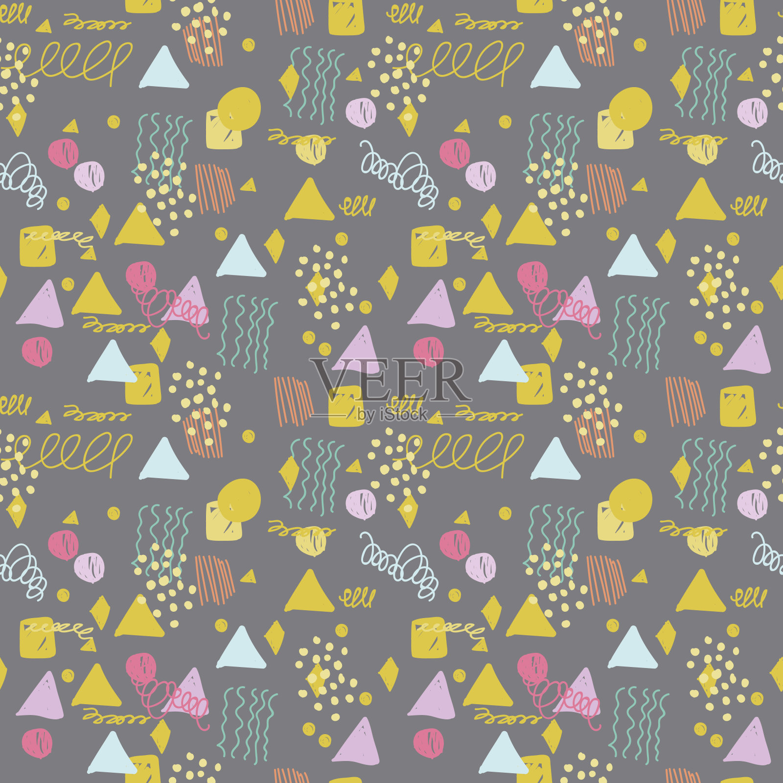 现代手绘彩色抽象无缝图案与几何形状:圆形，三角形，线。矢量插图。插画图片素材