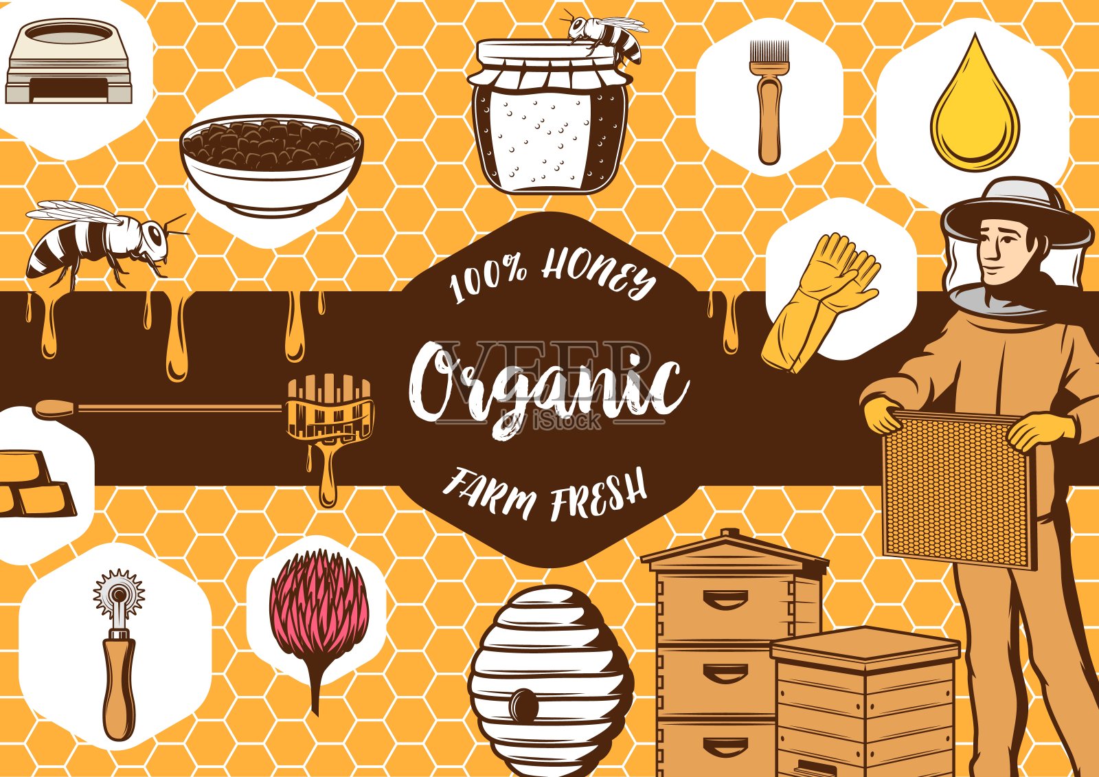 养蜂场，养蜂人，蜂蜜和蜂巢插画图片素材