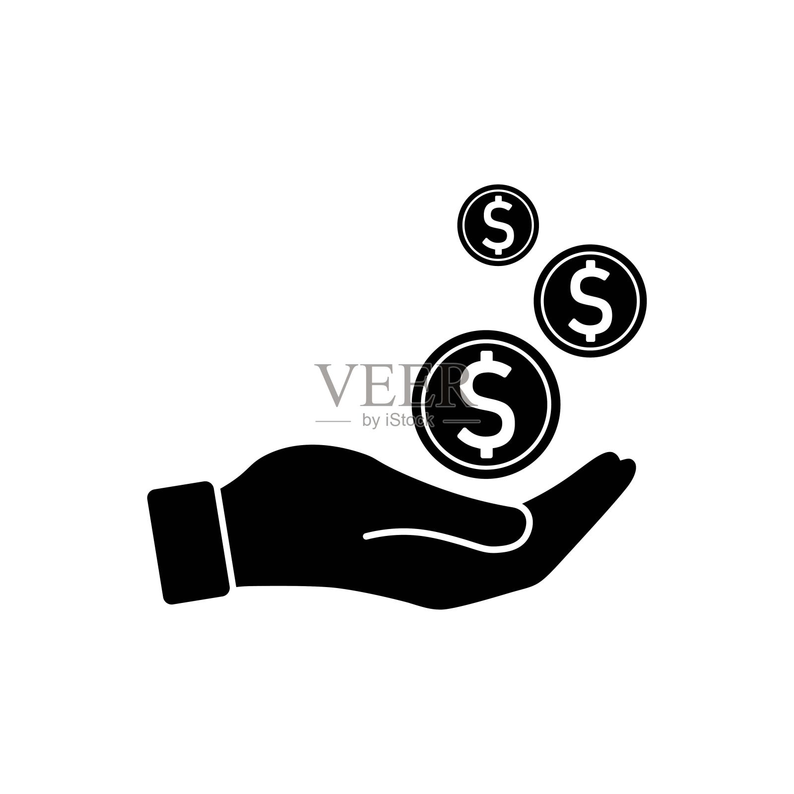手里都拿着钱，钞票或美钞的图标在白色的平面标志上孤立的黑色背景。每股收益10向量。插画图片素材