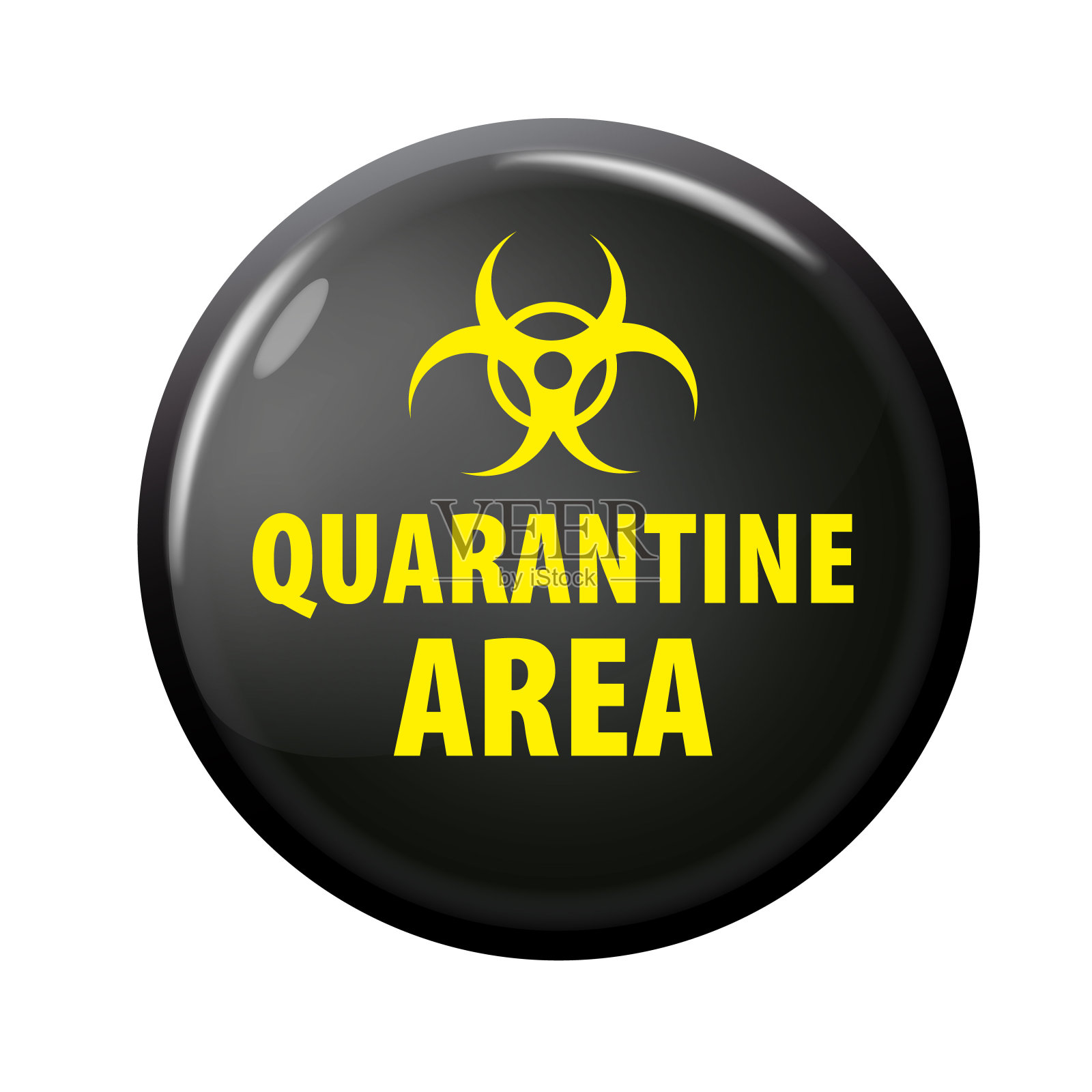 隔离区标签黑色和黄色。圆形按钮，生物危害标志。矢量图像孤立在白色背景。设计元素图片