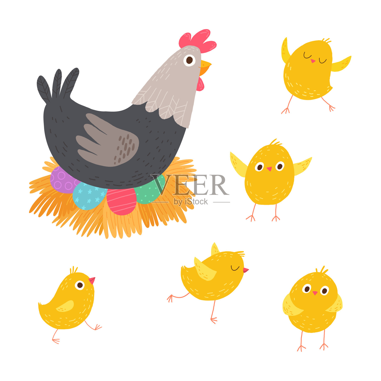 复活节母鸡和小鸡。母鸡坐在五颜六色的蛋上。卡通矢量手绘eps 10插图孤立在黑暗的背景在一个平坦的风格。插画图片素材