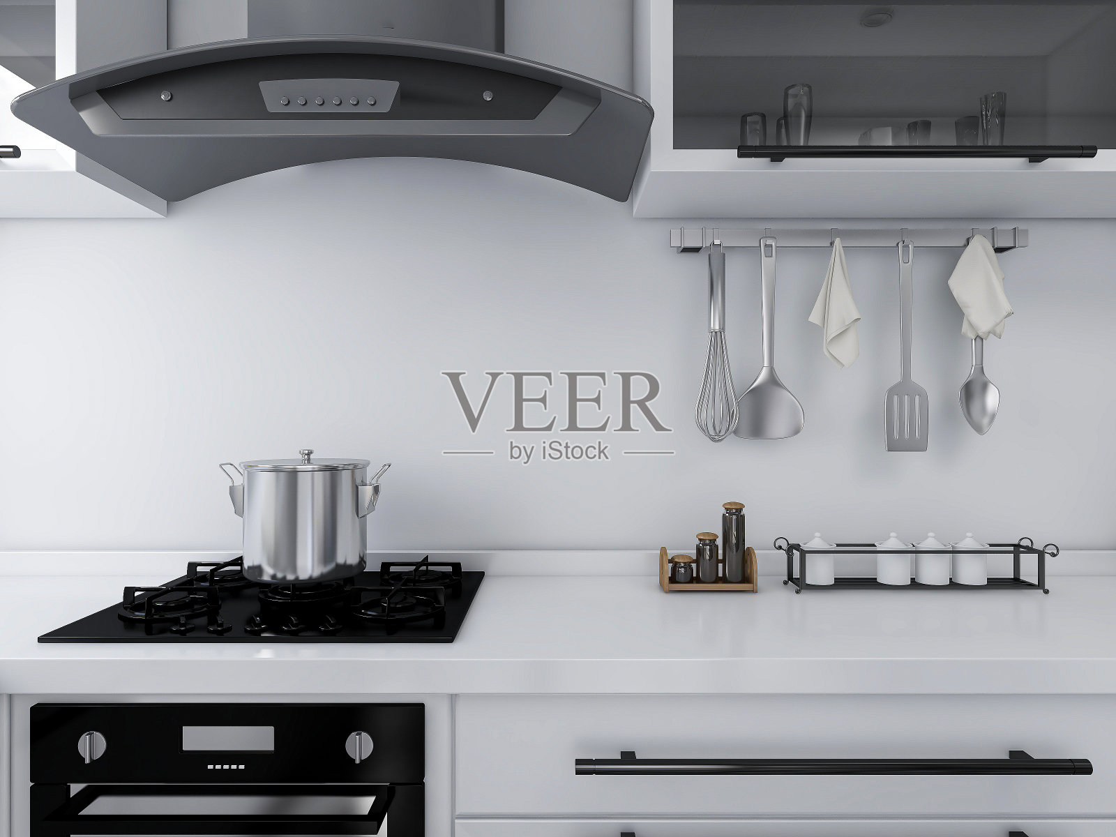 3D效果图，现代家庭厨房设计，新橱柜和带有冰箱的厨房用具，阳光透过窗户。照片摄影图片