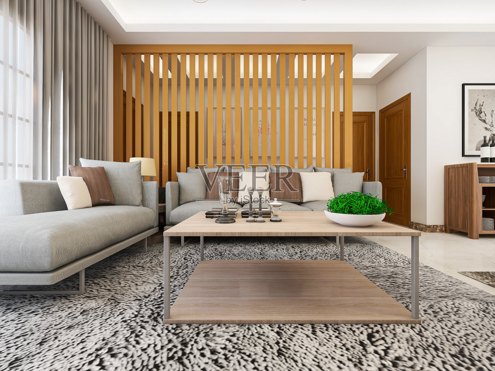 3D效果图，干净整洁的现代客厅设计，入口配有鞋柜、沙发、电视、桌子、休闲椅等设施照片摄影图片