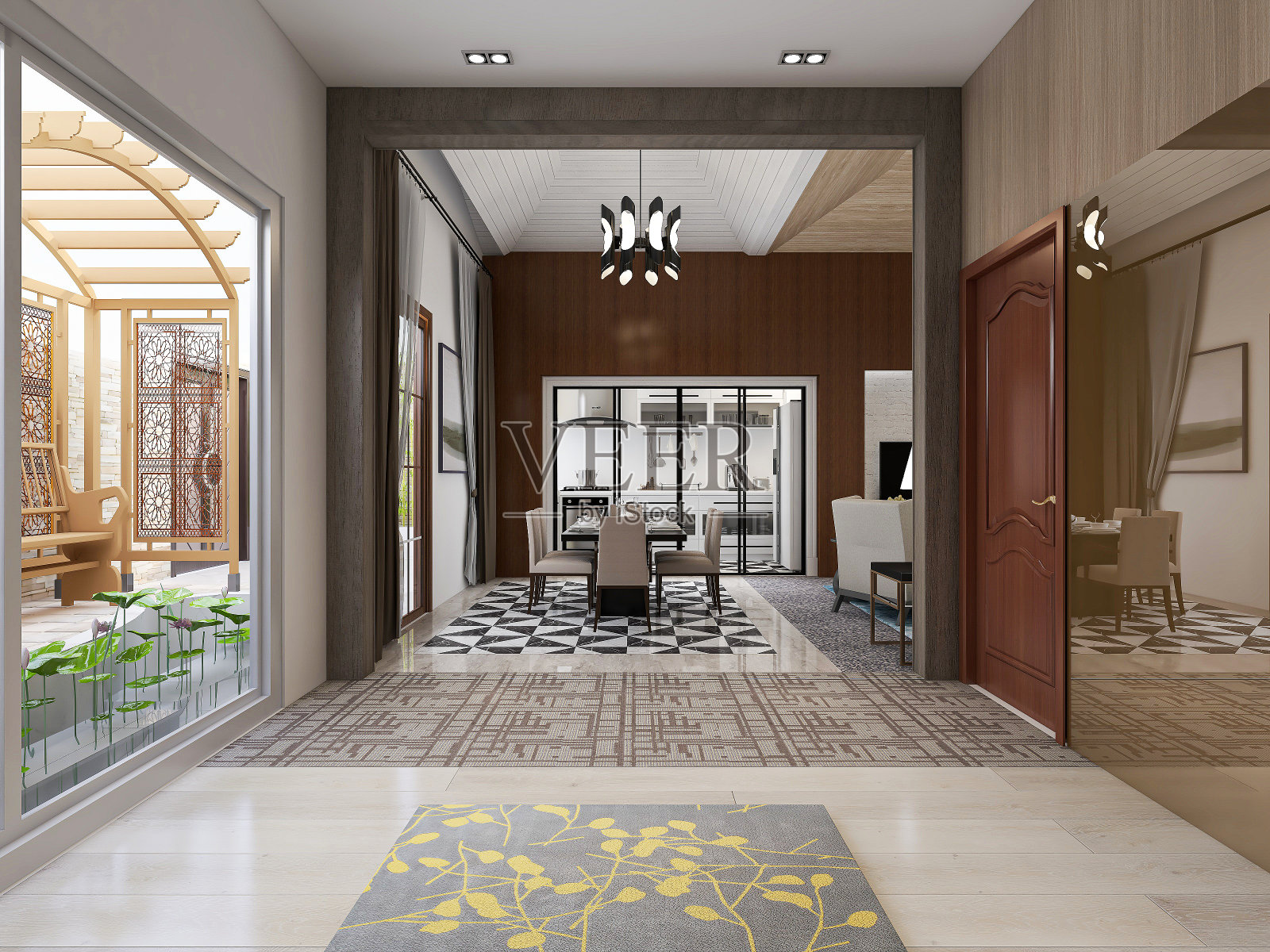 3D渲染，壁画，瑜伽垫，和地板到天花板的窗户在一个干净和整洁的瑜伽室。窗外庭院照片摄影图片