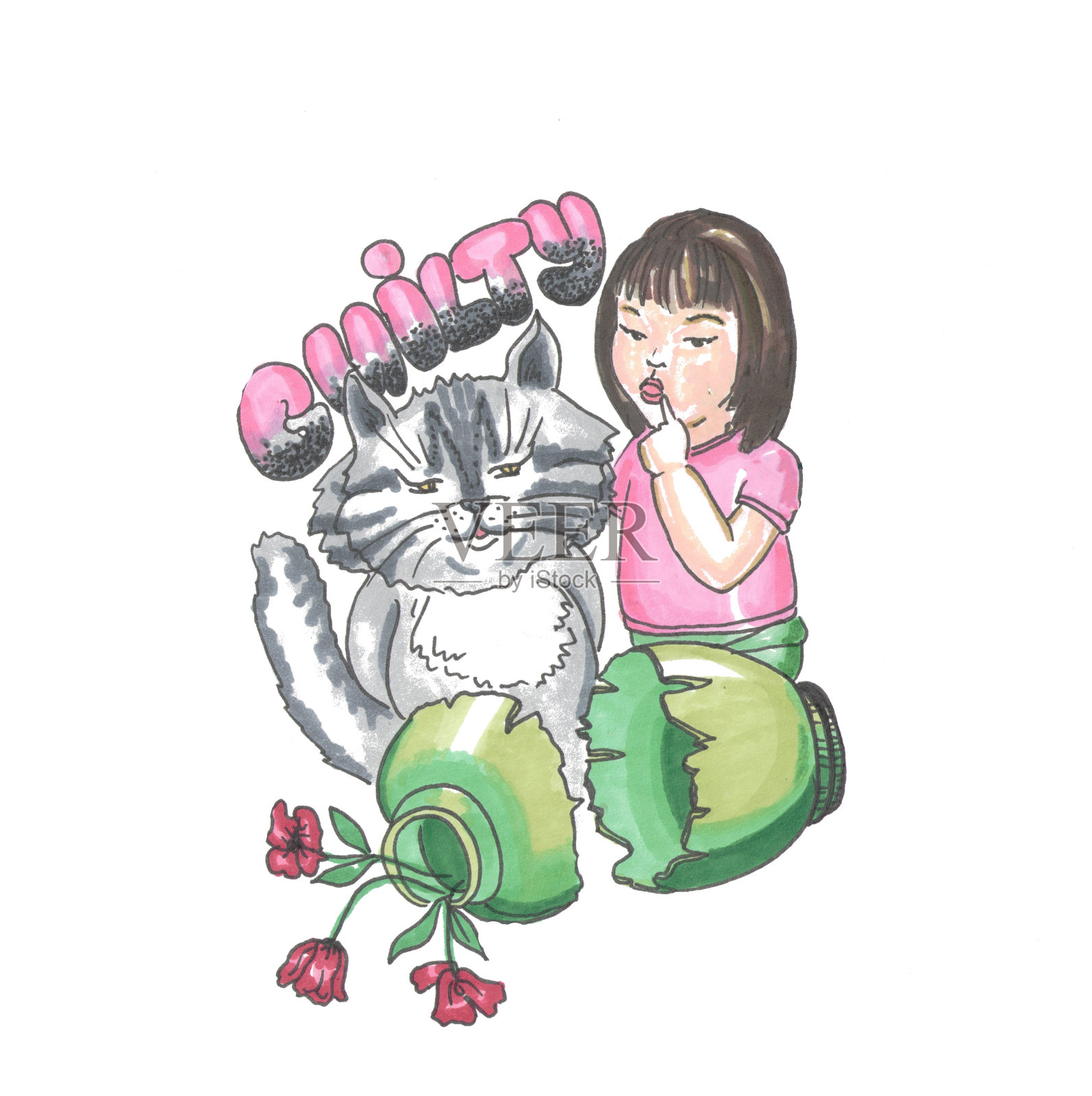 情绪负罪的字母女孩猫情况破锅插画图片素材