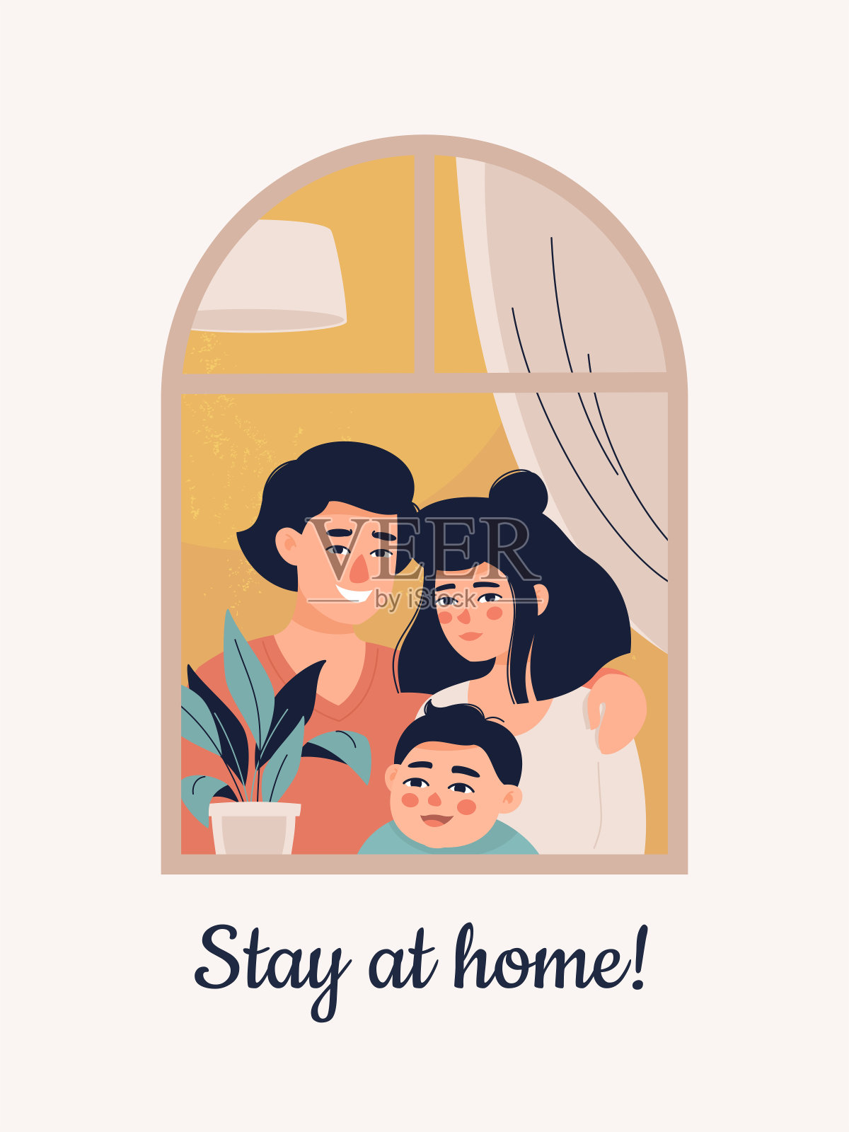 一个年轻的家庭和一个孩子站在家里的窗口!插画图片素材