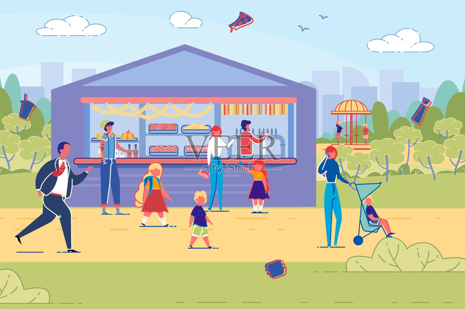 母亲和女儿在街头小吃摊买面包插画图片素材