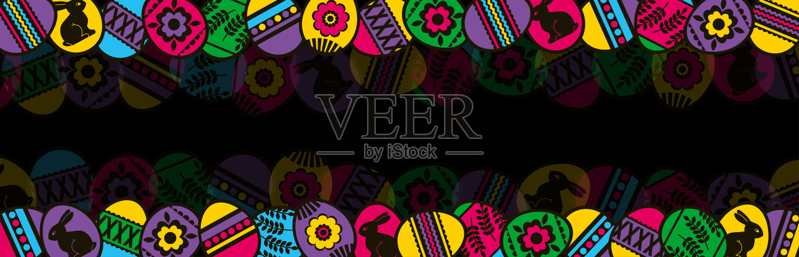 复活节的旗帜与颜色鸡蛋花，树叶和兔子。复活节假期设计。水平背景，标题，海报，卡片，网站。矢量插图。插画图片素材