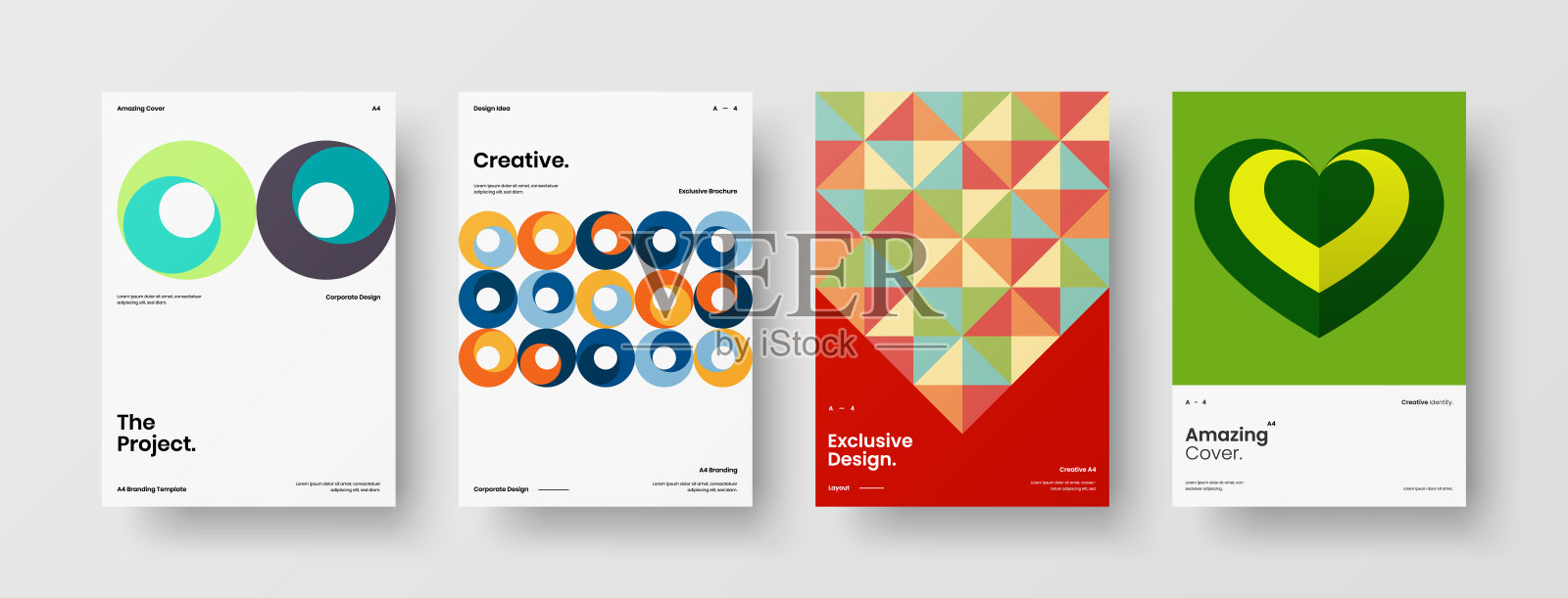 业务表示向量A4垂直方向首页模拟设置。公司报告封面抽象几何插图设计布局捆绑。公司标识手册模板收集。设计模板素材