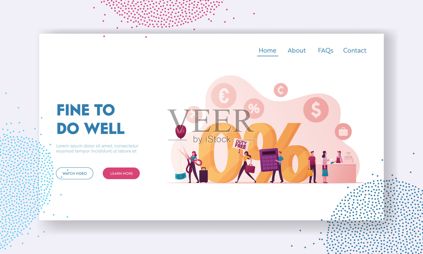 免税商店登陆页面模板中的人物购买。微小的人在巨大的0%符号，顾客在商店柜台付款，人与计算器。卡通人物矢量插图插画图片素材