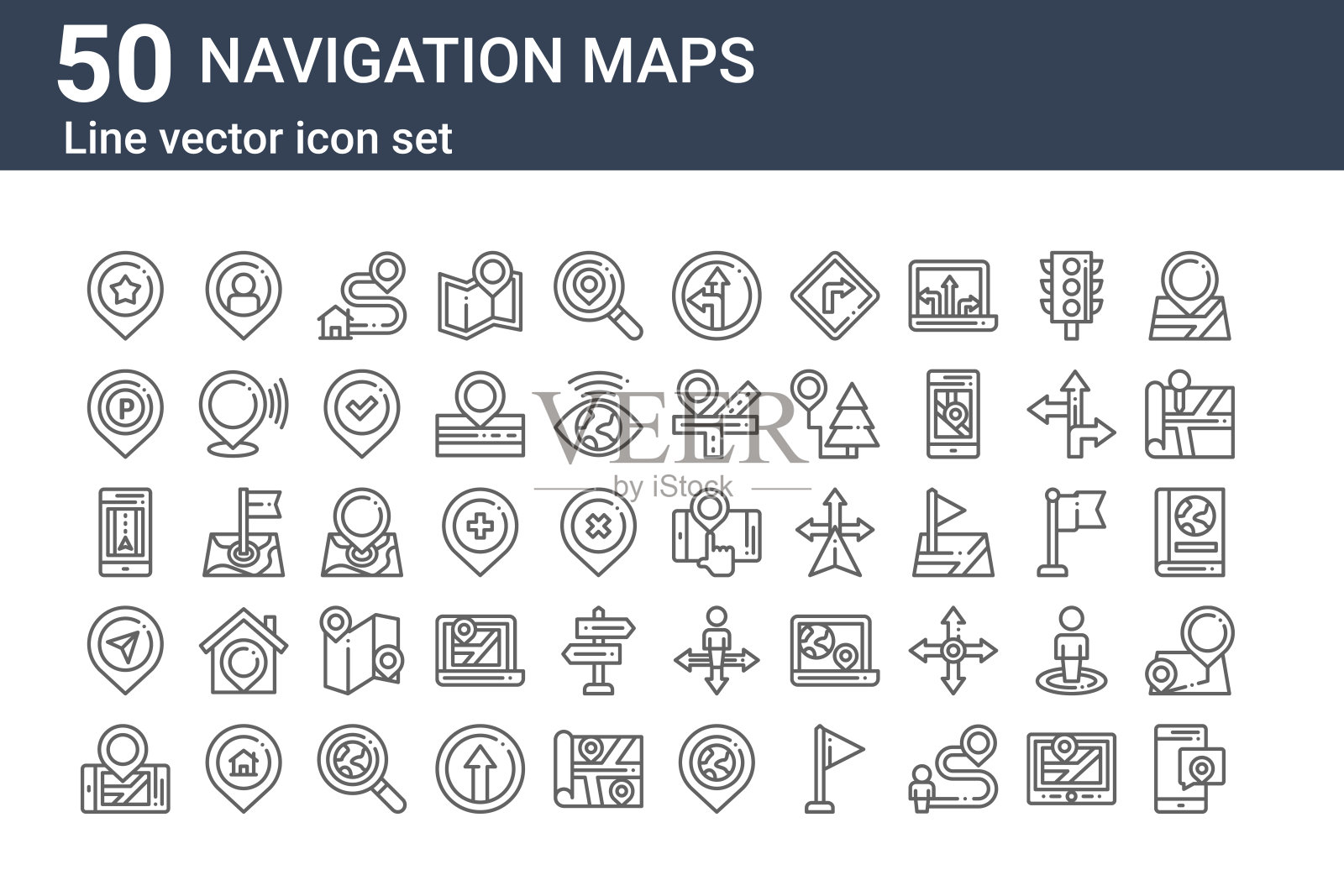 50个导航地图图标。勾画细线图标，如位置，手机，位置，gps，位置，被定位，图标素材