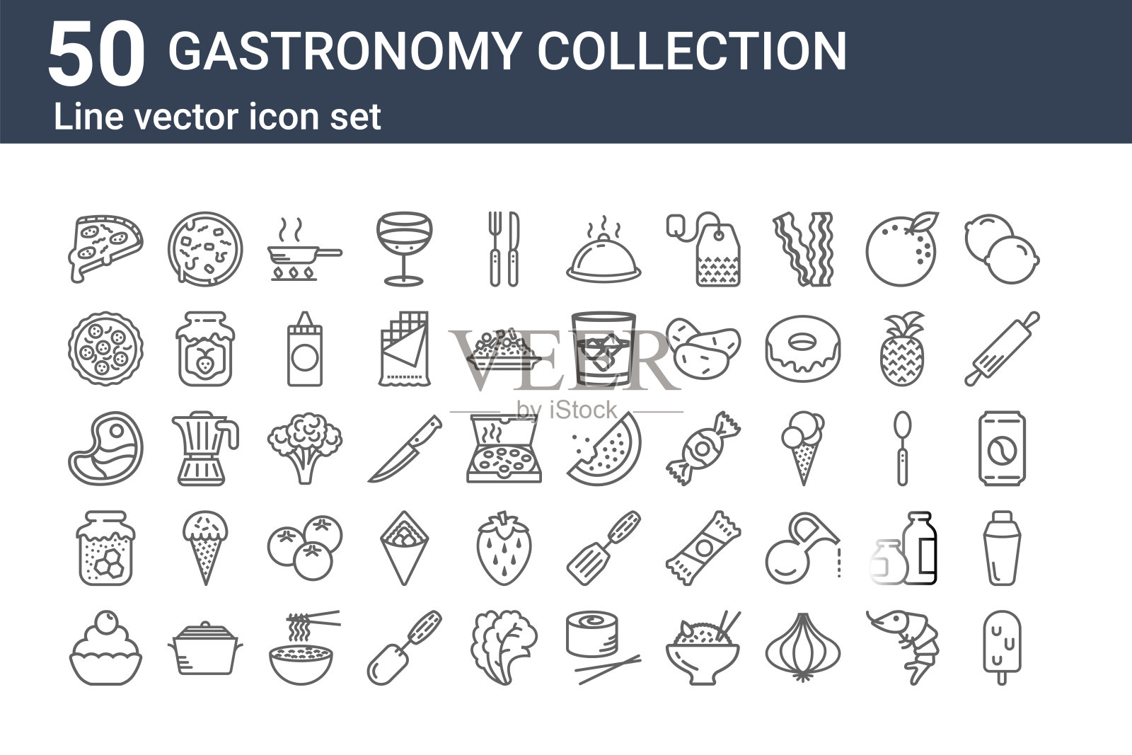 一套50美食收藏图标。冰淇淋、纸杯蛋糕、蜂蜜、牛排、披萨、披萨、西瓜等图标插画图片素材