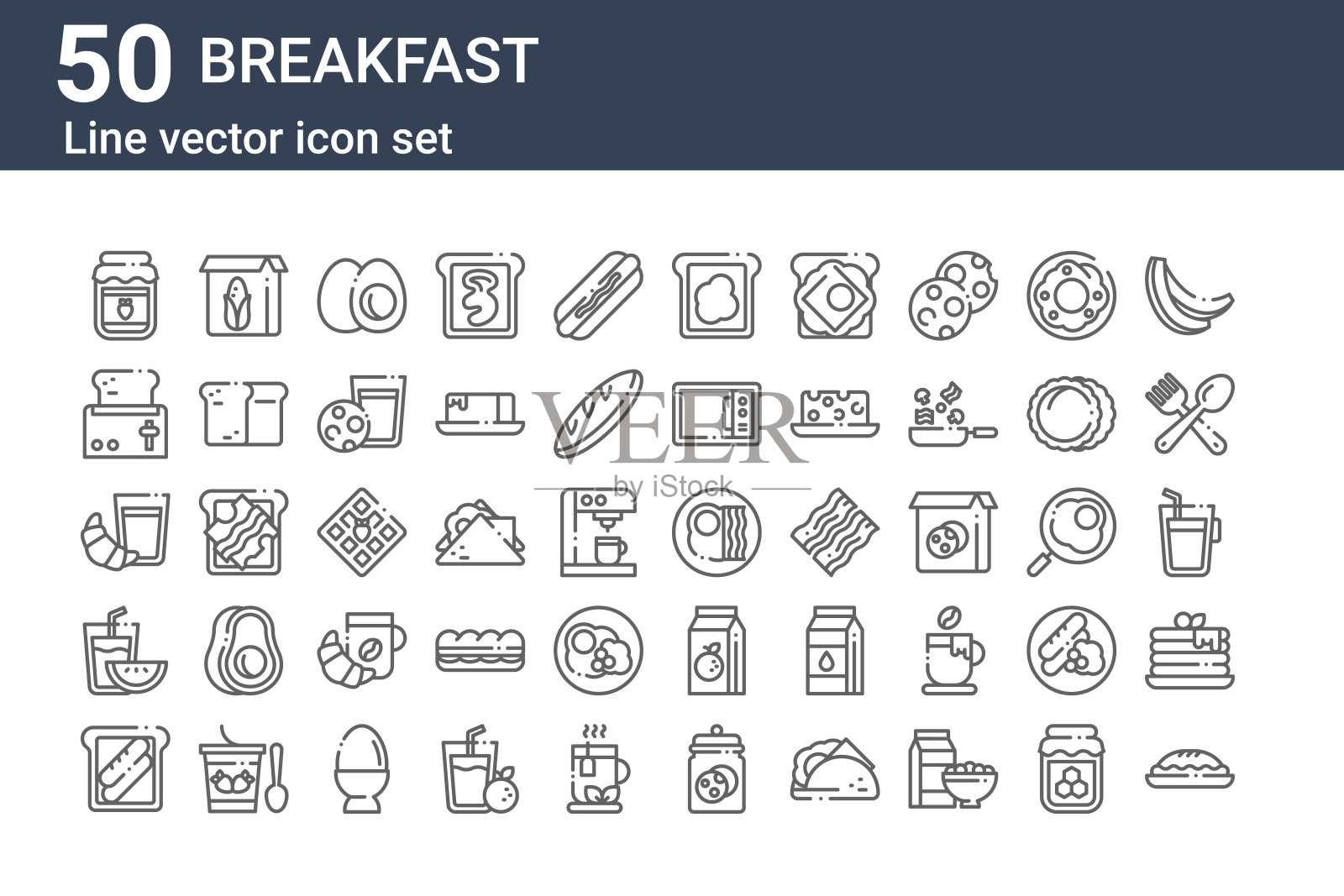 一套50个早餐图标。勾勒出细线图标，如馅饼，吐司，西瓜，牛奶，烤面包机，麦片，鸡蛋图标素材