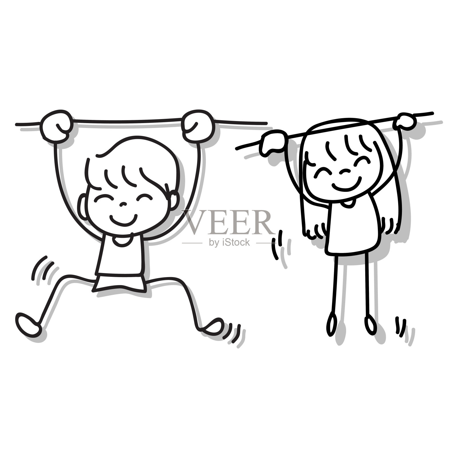 手画快乐的人。幸福的孩子的概念。卡通人物线条艺术火柴棒风格矢量。插画图片素材