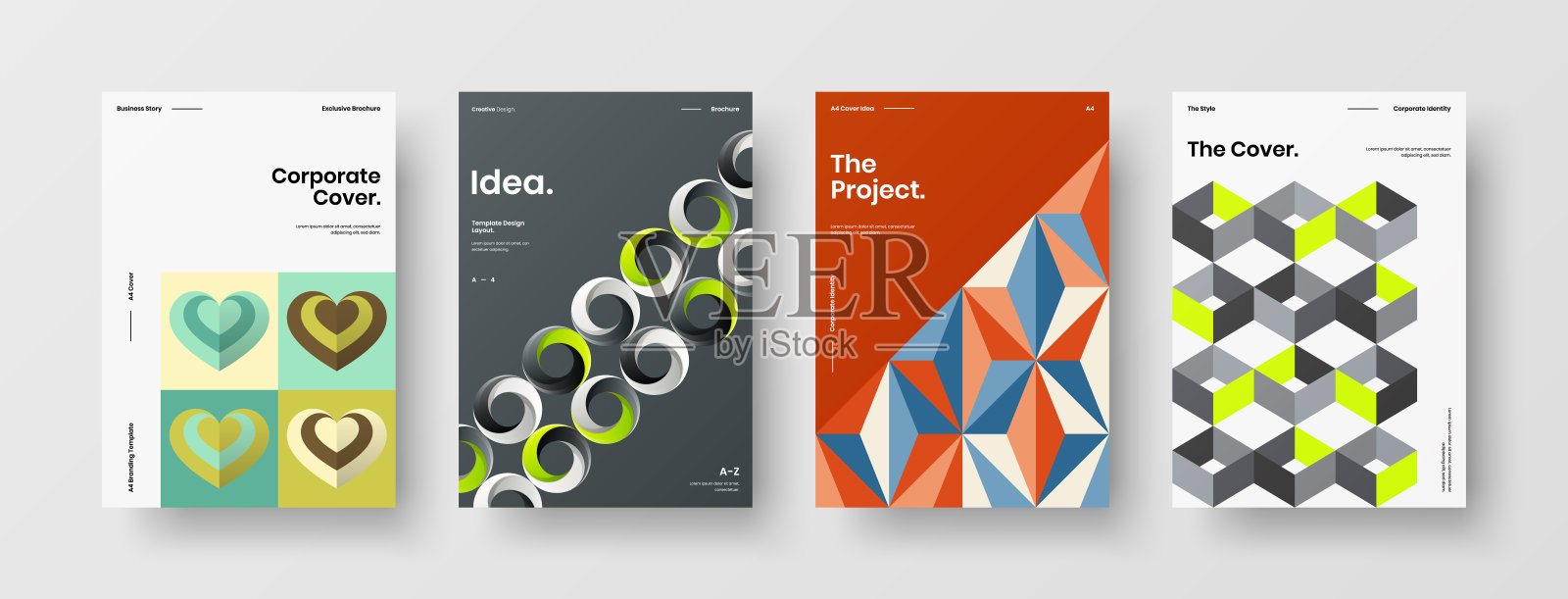 业务表示向量A4垂直方向首页模拟设置。公司报告封面抽象几何插图设计布局捆绑。公司标识手册模板收集。设计模板素材