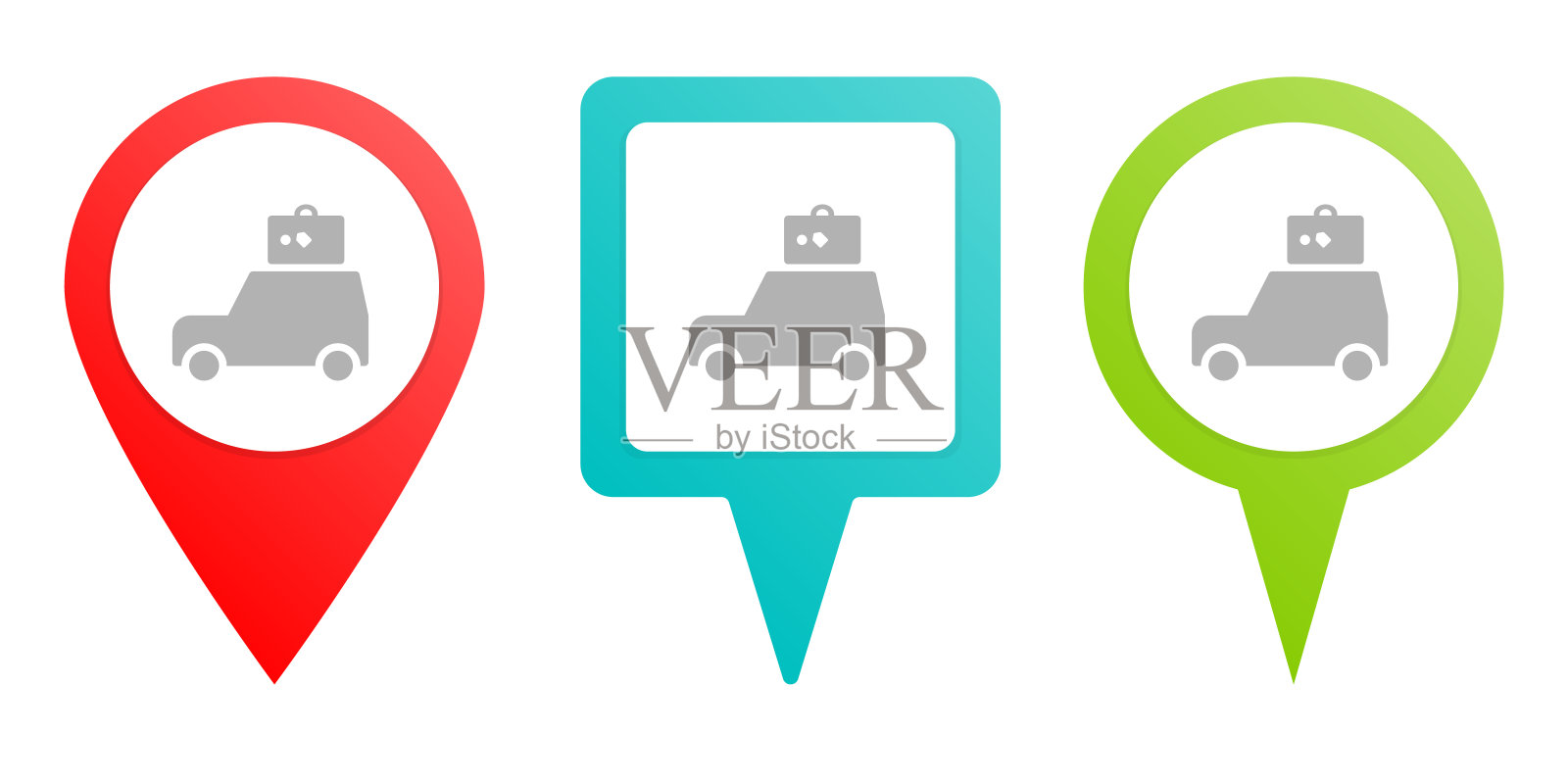 汽车，汽车，保险，旅游。多色引脚矢量图标，不同类型的地图和导航点。图标素材