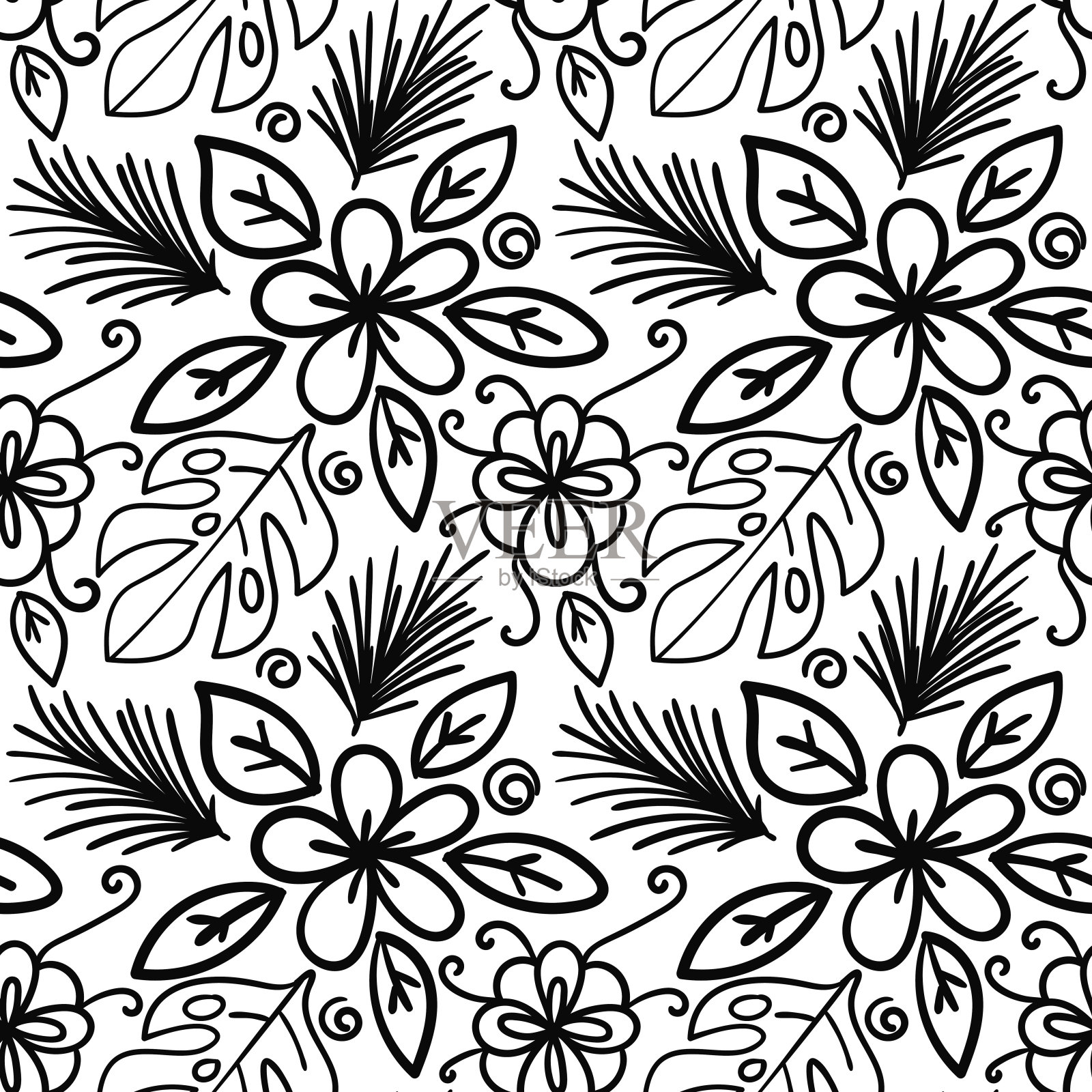 矢量无缝手绘花卉图案。背景有植物，云杉叶，云杉枝，花。插画图片素材