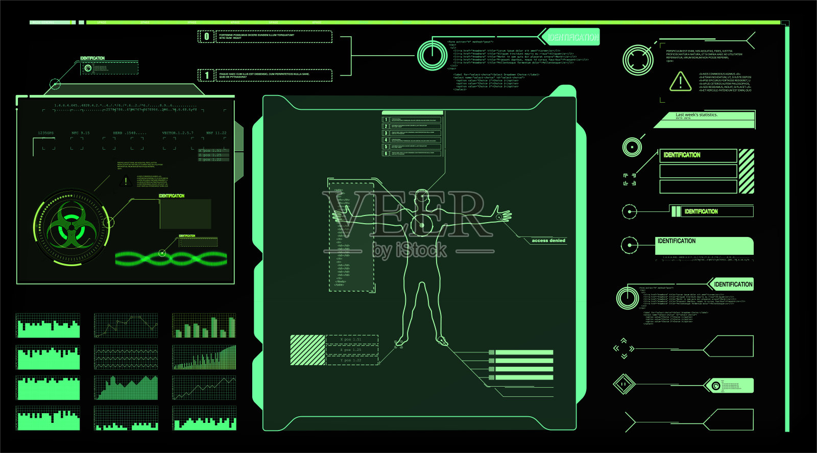 医学扫描设计。住房和城市发展部。界面元素。现代医疗检查HUD风格。以高科技为背景的健康未来设计。插画图片素材